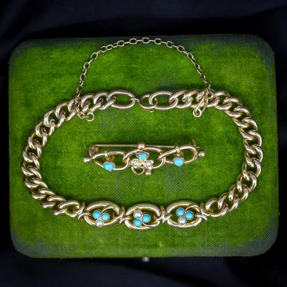 Antique Rolled Gold Turquoise and Pearl Bracelet and Brooch Jewellery Set
