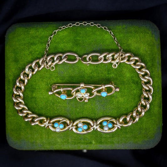 Antique Rolled Gold Turquoise and Pearl Bracelet and Brooch Jewellery Set