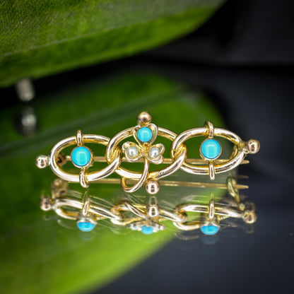 Antique Rolled Gold Turquoise and Pearl Bracelet and Brooch Jewellery Set