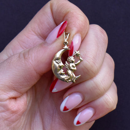 Vintage 9ct Gold Man in the Moon Cherub Charm Pendant