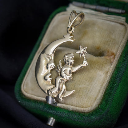 Vintage 9ct Gold Man in the Moon Cherub Charm Pendant