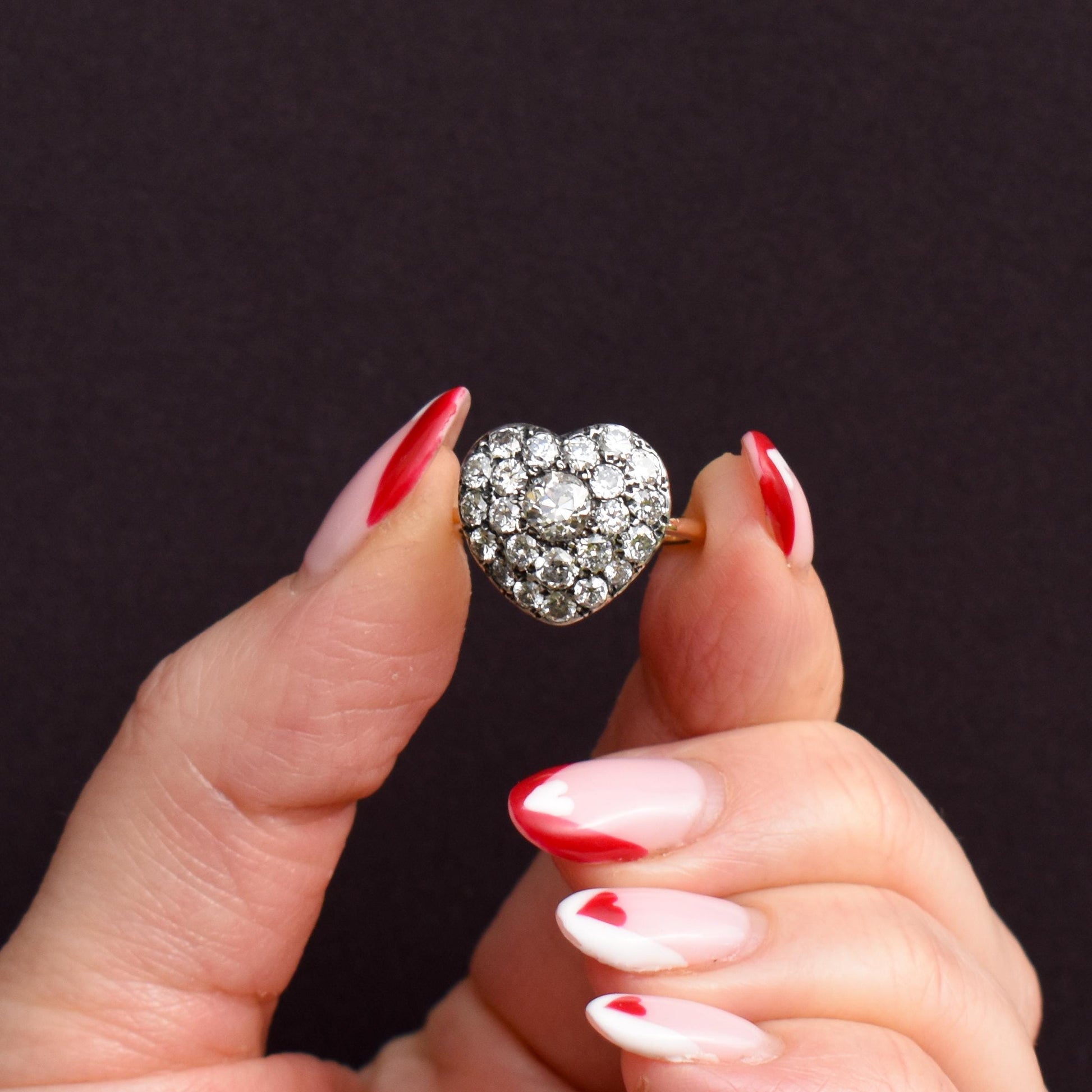 1.85ct Old Cut Diamond Heart Cluster 14ct Yellow Gold Ring