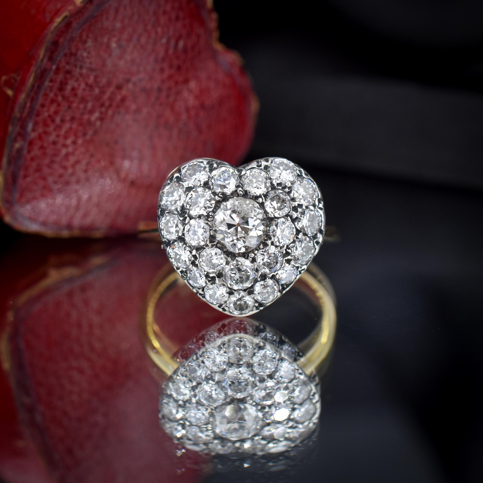 1.85ct Old Cut Diamond Heart Cluster 14ct Yellow Gold Ring