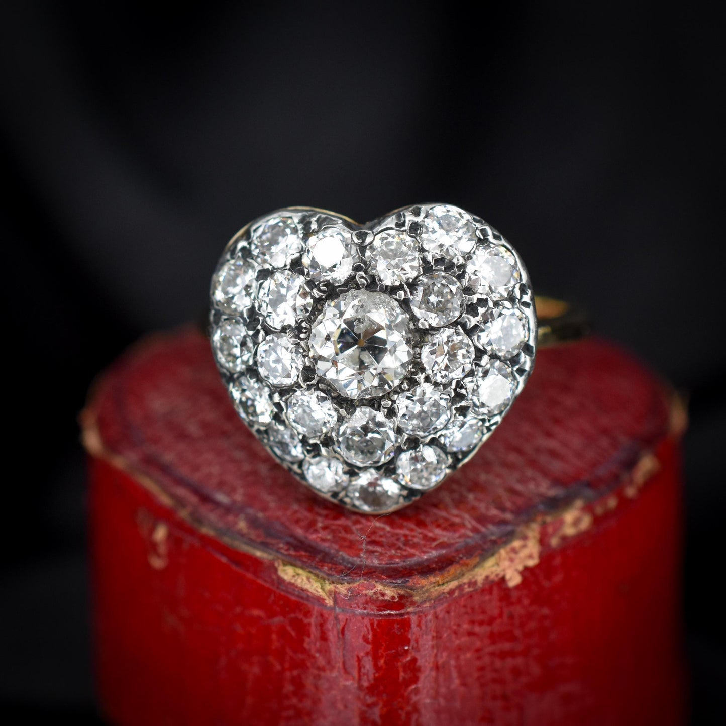 1.85ct Old Cut Diamond Heart Cluster 14ct Yellow Gold Ring