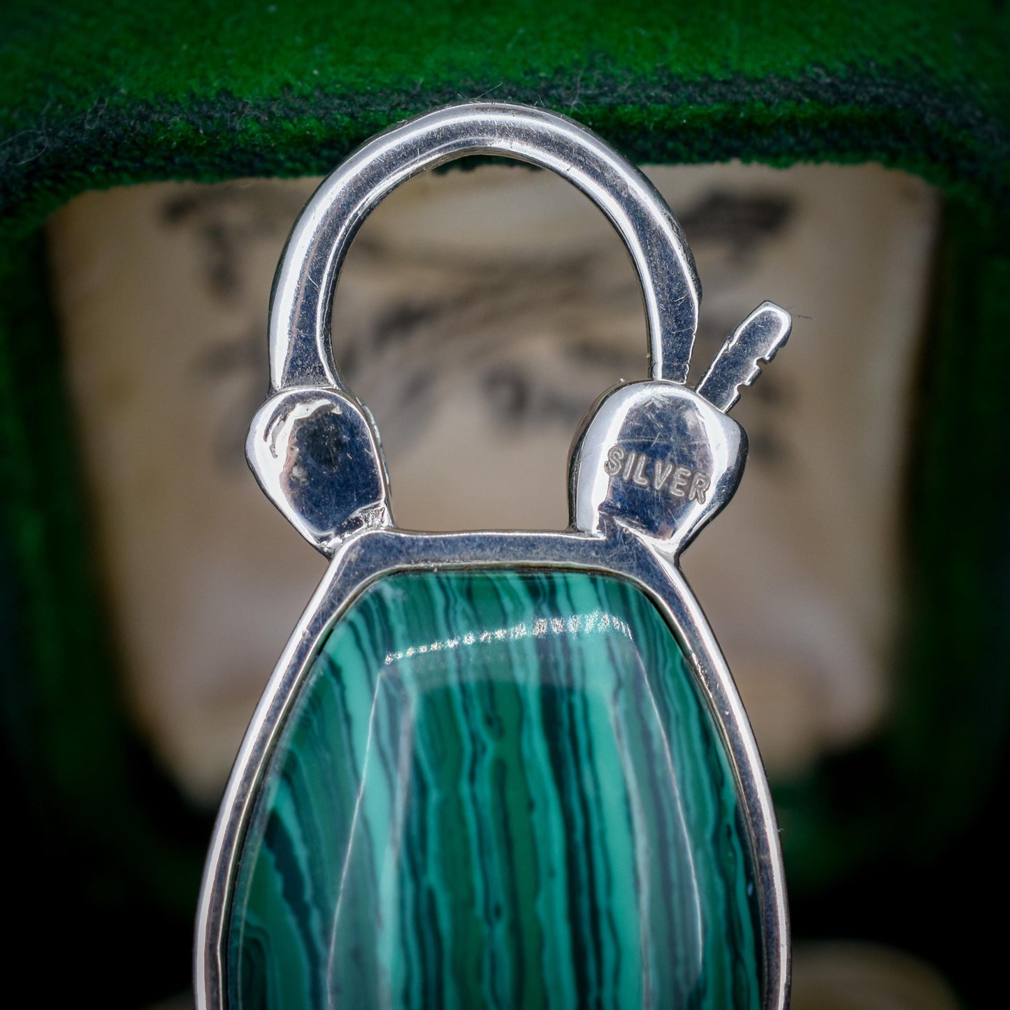Malachite Horseshoe Sterling Silver Padlock Pendant Charm