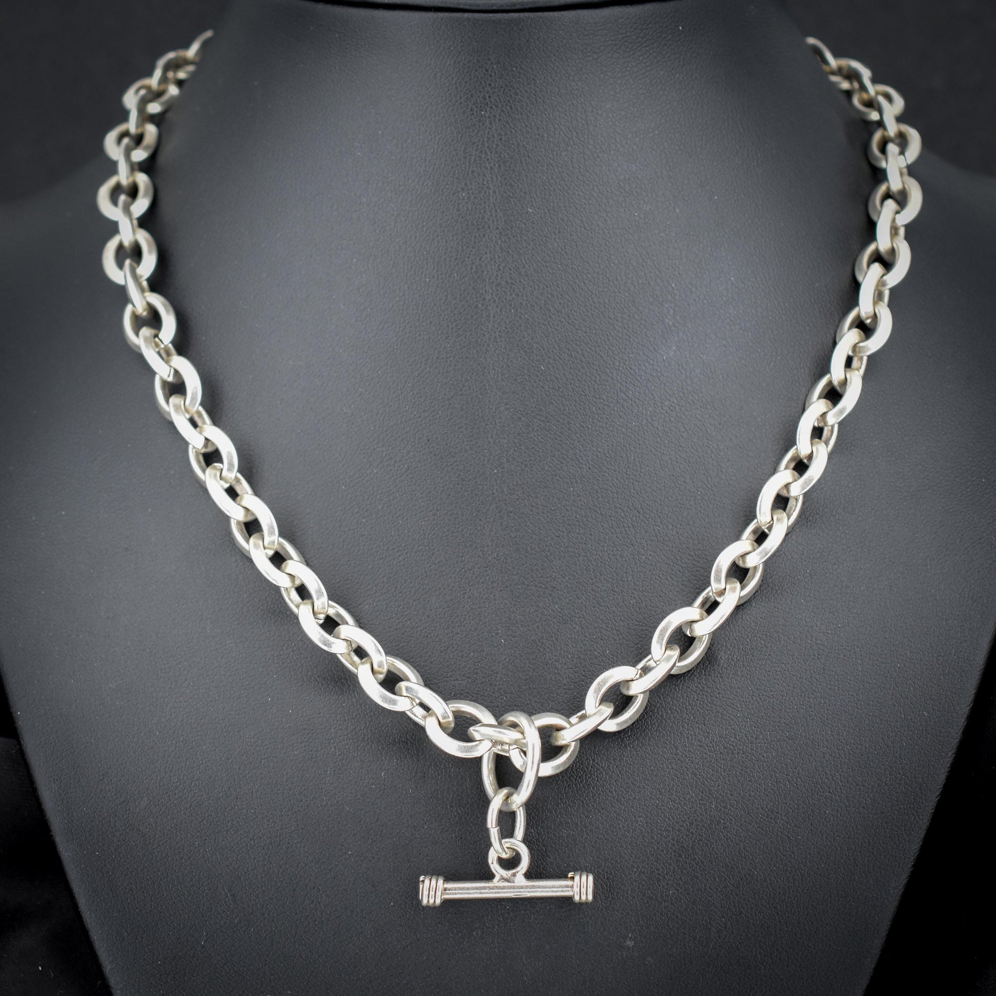Vintage Sterling Silver Oval Link Chain Necklace with Sliding T-bar and Dog Clips | 17.5" Length