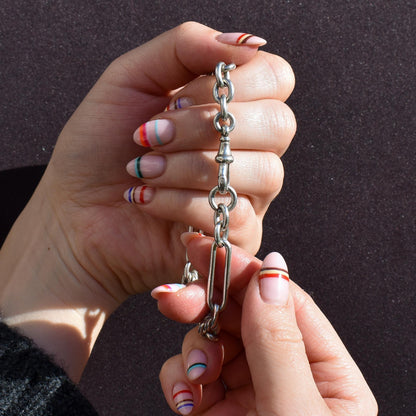 Antique Sterling Silver Trombone and Love Knot Link Bracelet with Dog Clip | 8.75"