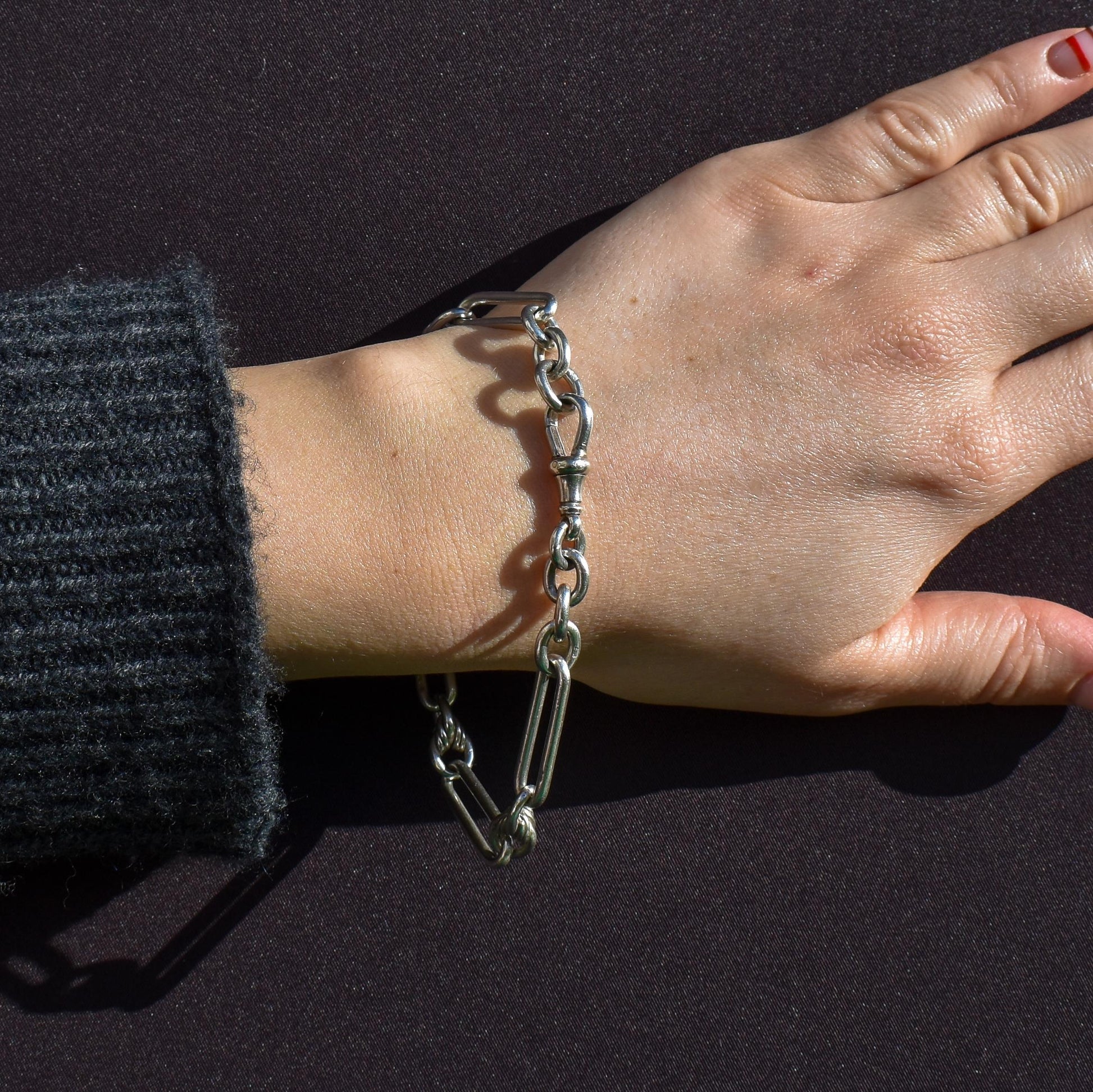 Antique Sterling Silver Trombone and Love Knot Link Bracelet with Dog Clip | 8.75"