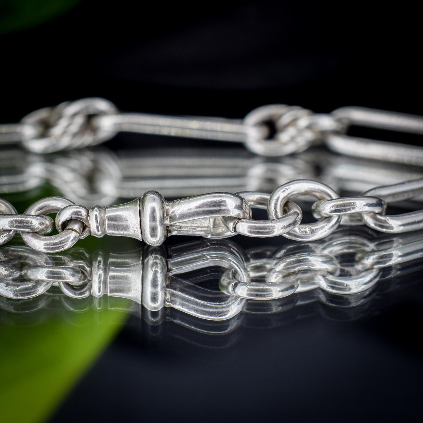 Antique Sterling Silver Trombone and Love Knot Link Bracelet with Dog Clip | 8.75"