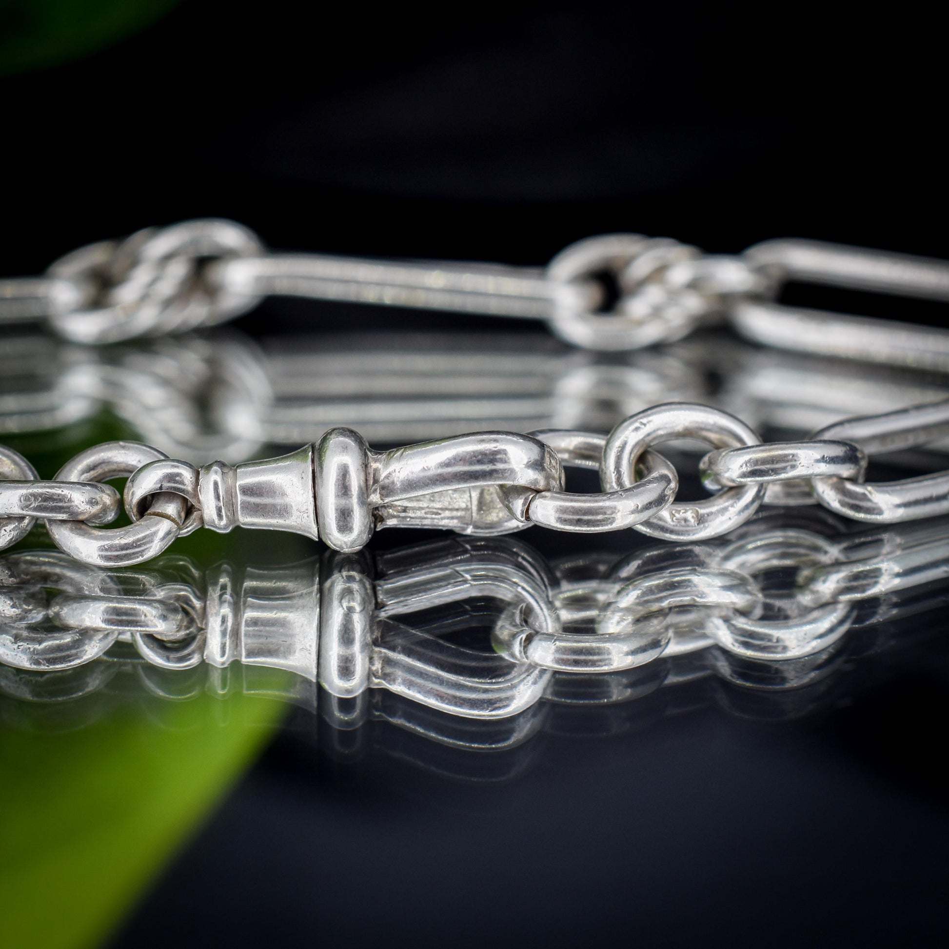 Antique Sterling Silver Trombone and Love Knot Link Bracelet with Dog Clip | 8.75"