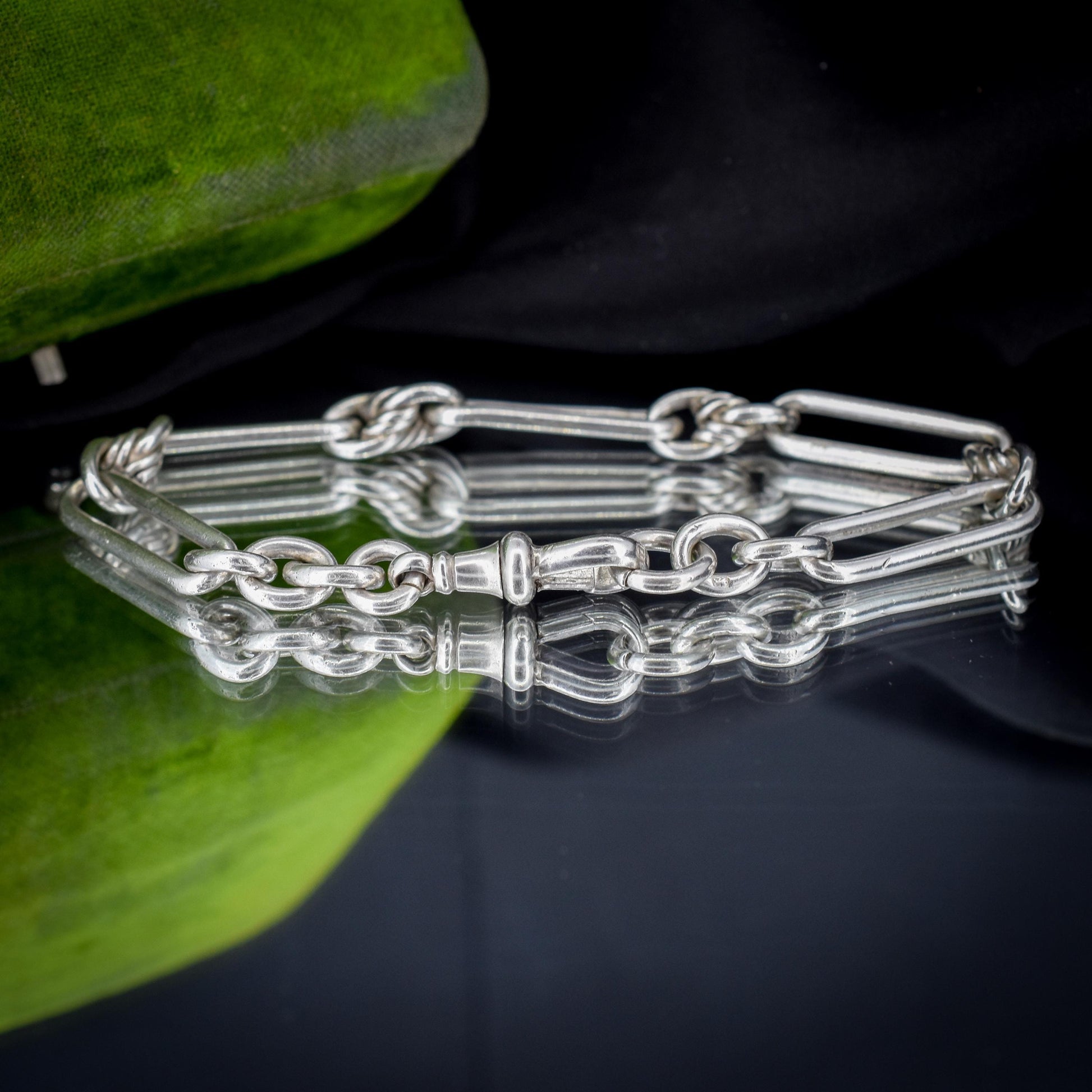 Antique Sterling Silver Trombone and Love Knot Link Bracelet with Dog Clip | 8.75"