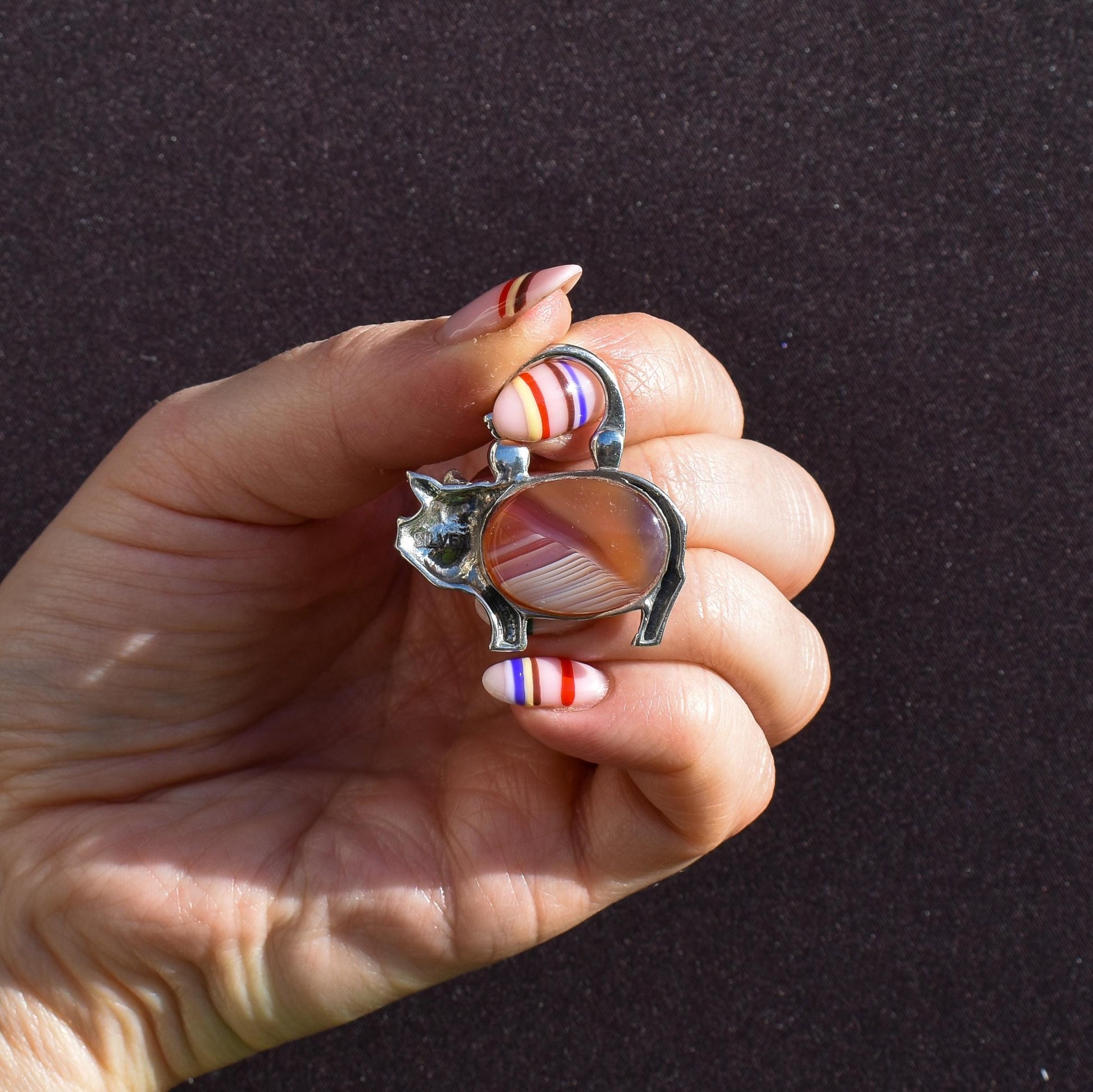 Antique Style Sterling Silver Lucky Pig Agate Padlock Charm