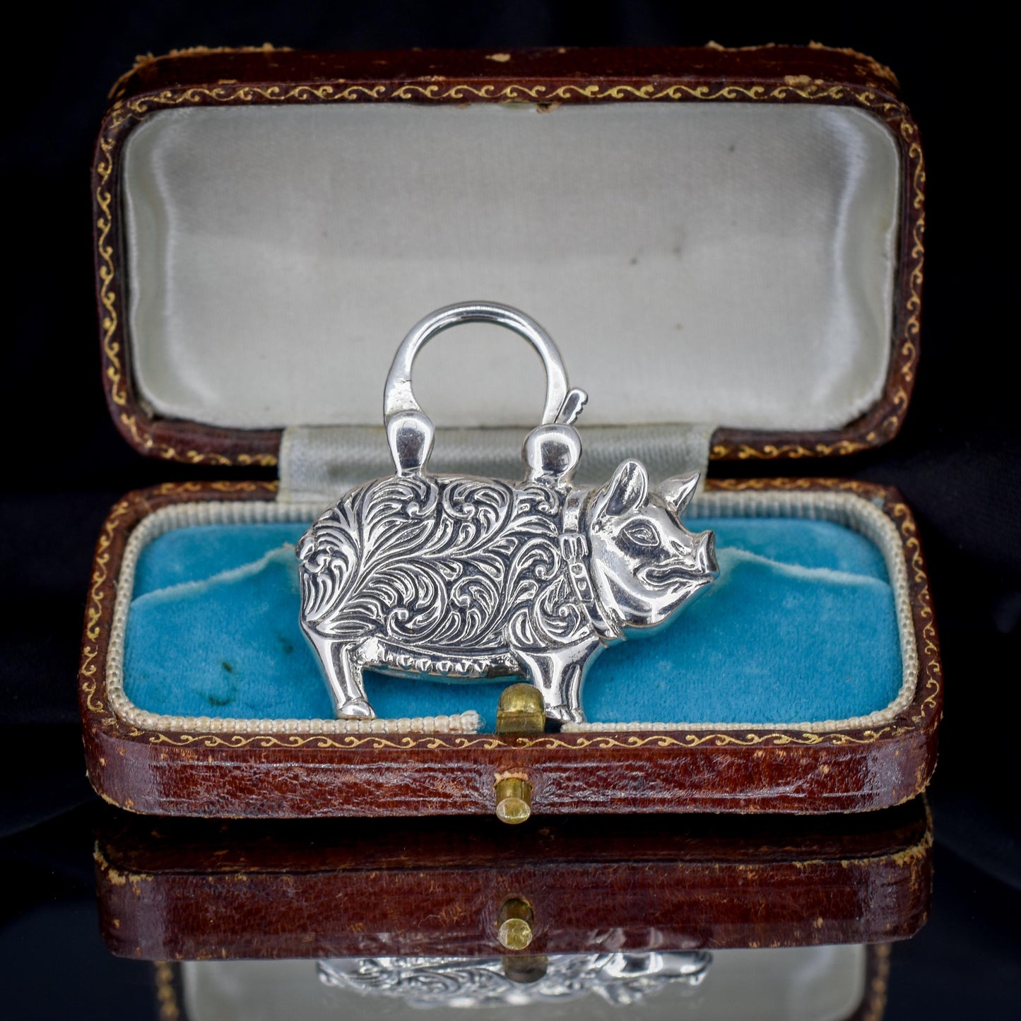 Antique Style Sterling Silver Lucky Pig Agate Padlock Charm
