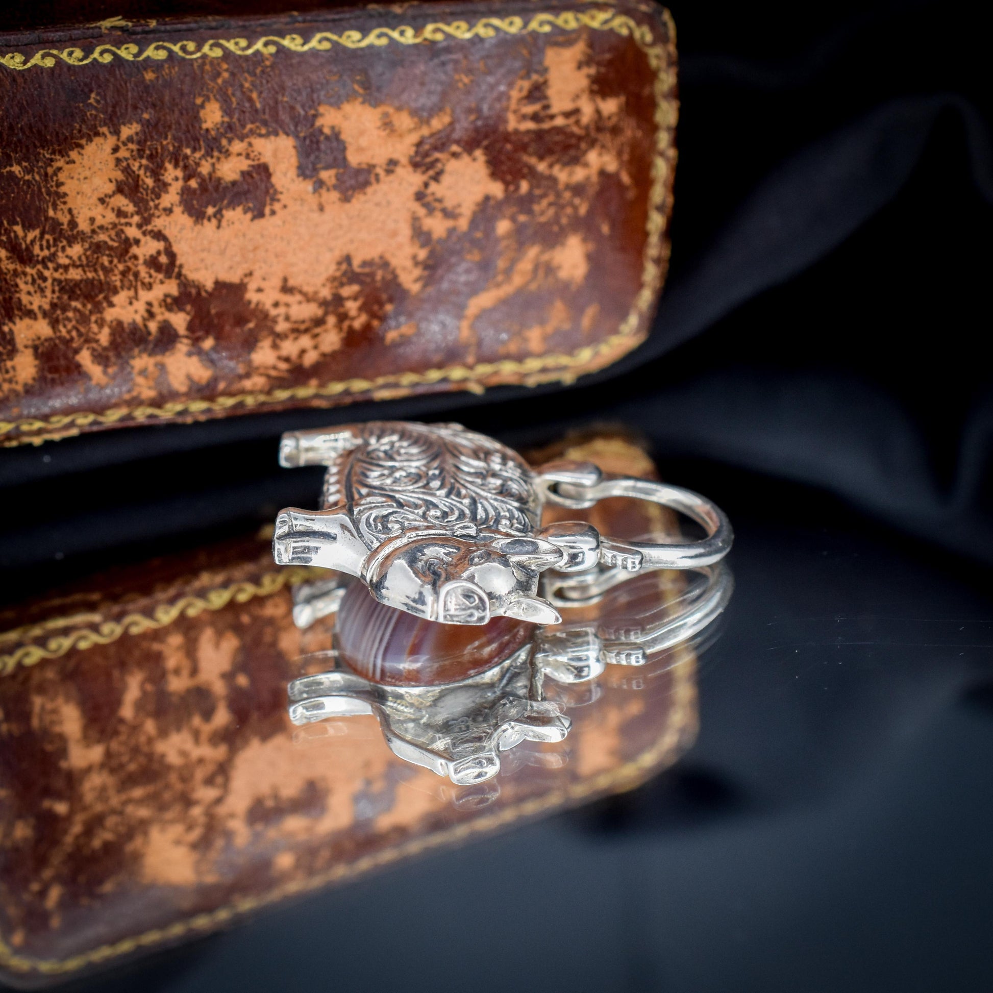 Antique Style Sterling Silver Lucky Pig Agate Padlock Charm