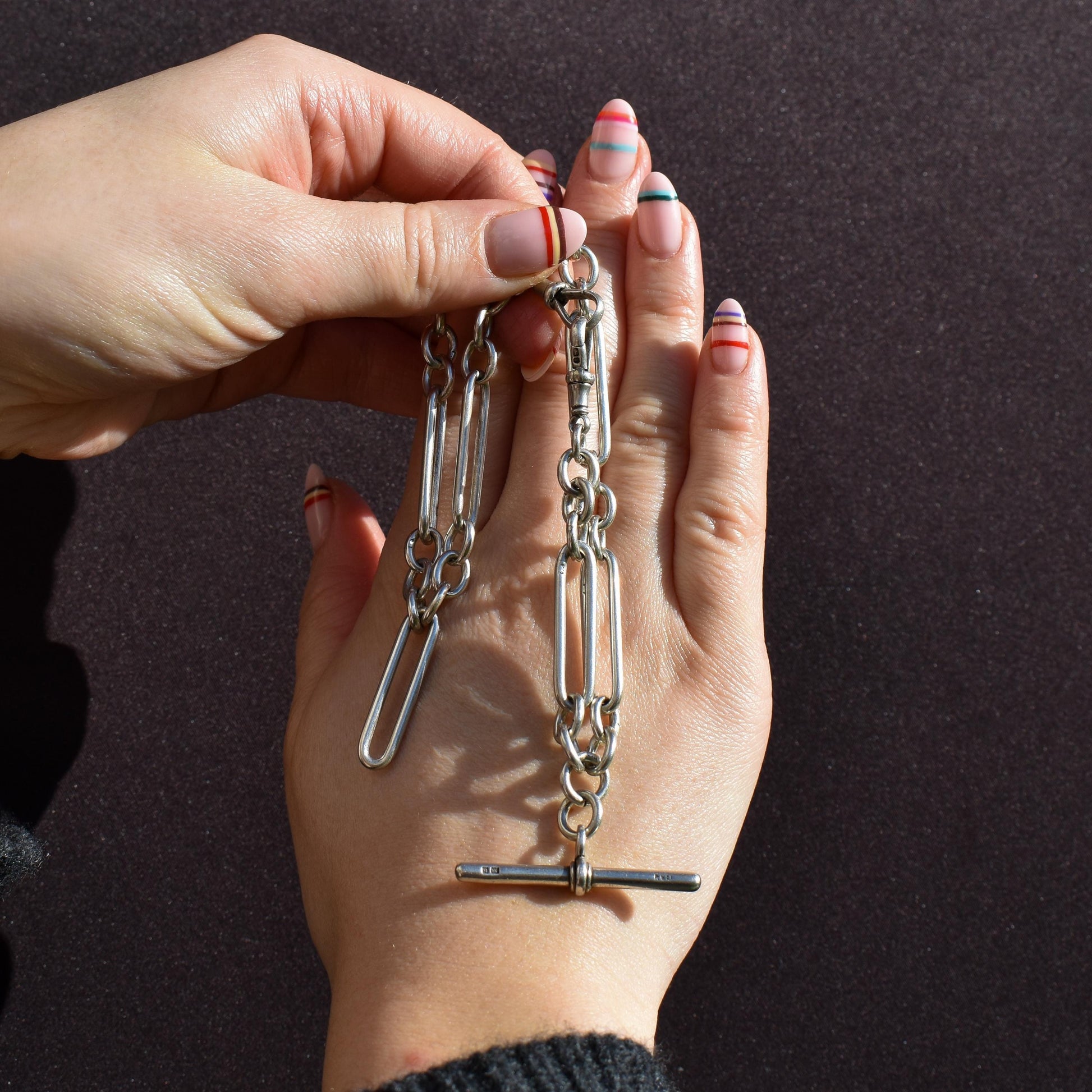 Antique Sterling Silver Trombone Watch Chain with Dog Clips and T Bar | 15"