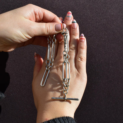 Antique Sterling Silver Trombone Watch Chain with Dog Clips and T Bar | 15"