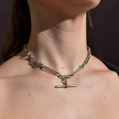 Antique Sterling Silver Trombone Watch Chain with Dog Clips and T Bar | 15"