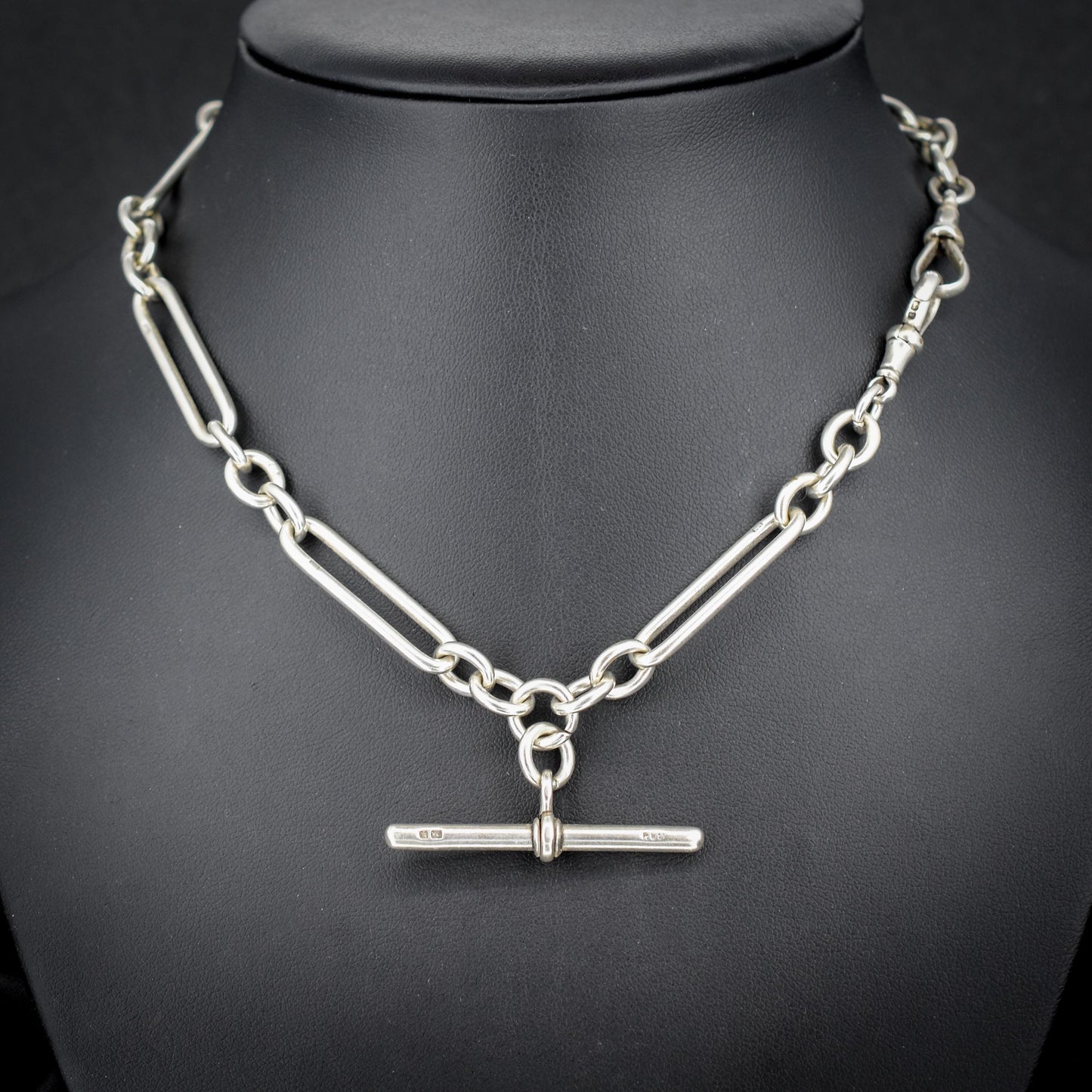 Antique Sterling Silver Trombone Watch Chain with Dog Clips and T Bar | 15"