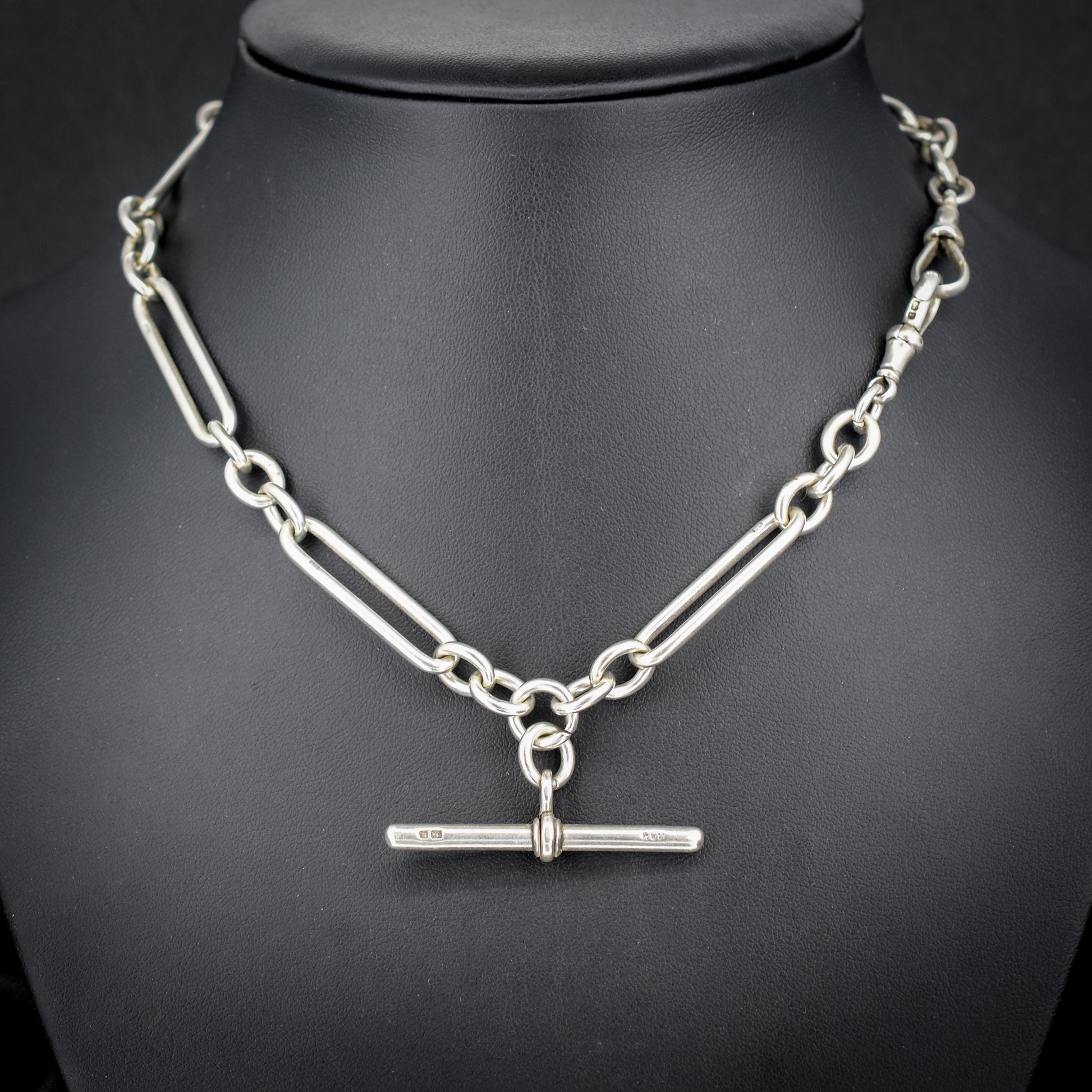 Antique Sterling Silver Trombone Watch Chain with Dog Clips and T Bar | 15"