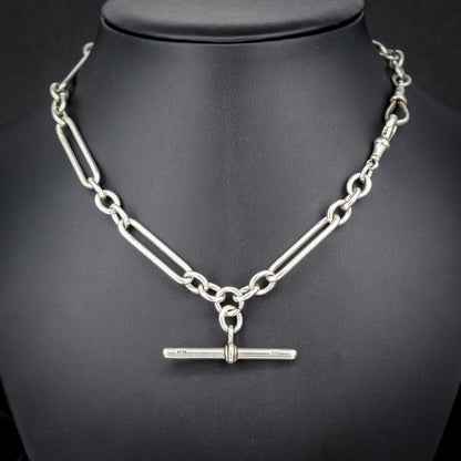 Antique Sterling Silver Trombone Watch Chain with Dog Clips and T Bar | 15"