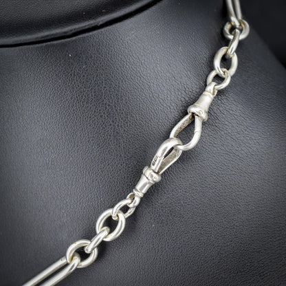 Antique Sterling Silver Trombone Watch Chain with Dog Clips and T Bar | 15"