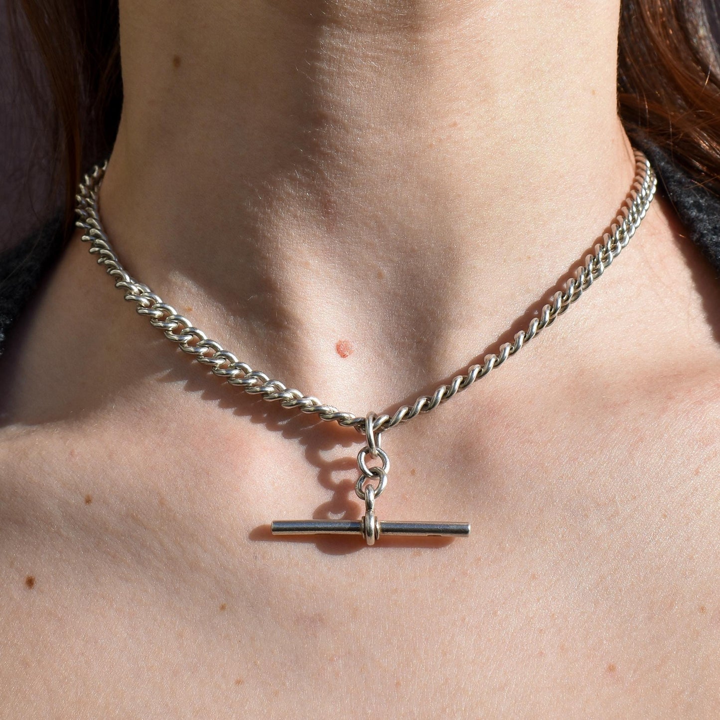 Antique Sterling Silver Curb Link Albert Watch Chain Necklace with Sliding T-Bar and Dog Clips – 15"