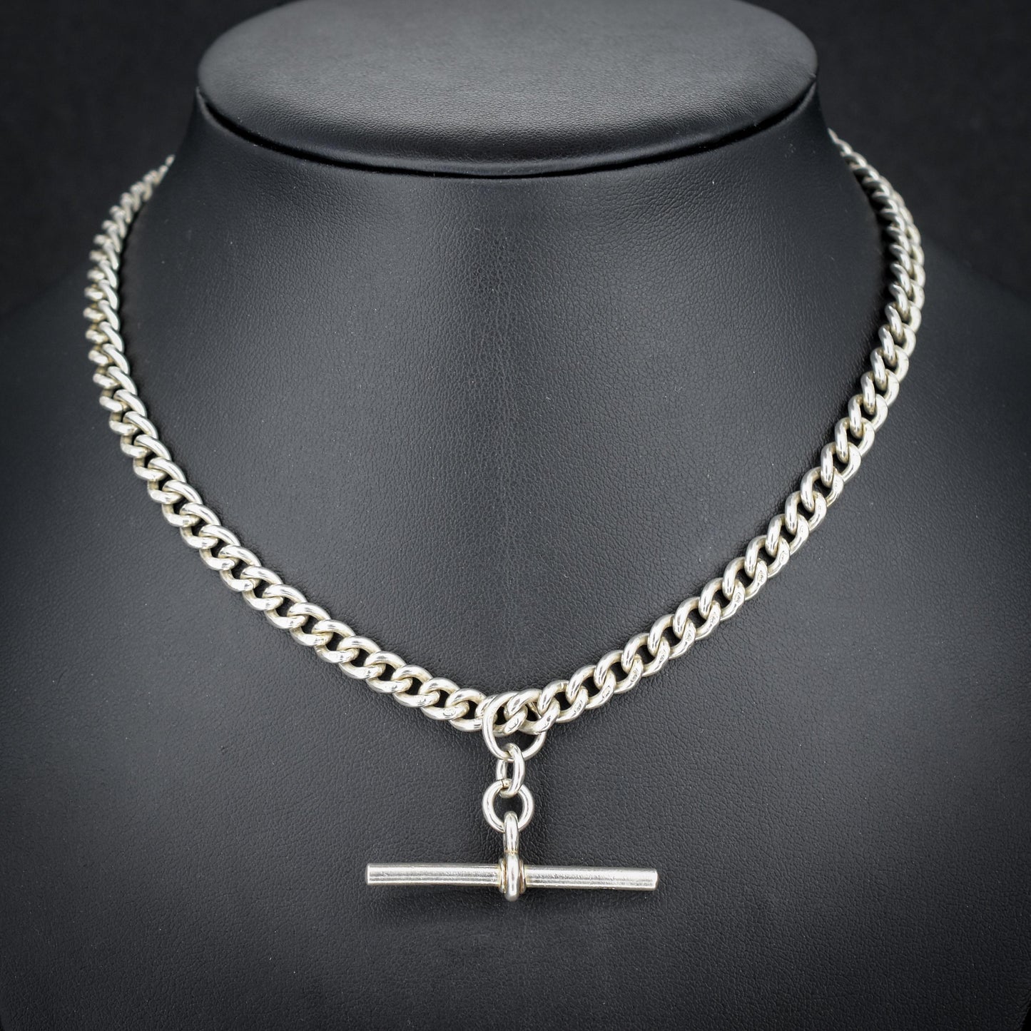 Antique Sterling Silver Curb Link Albert Watch Chain Necklace with Sliding T-Bar and Dog Clips – 15"