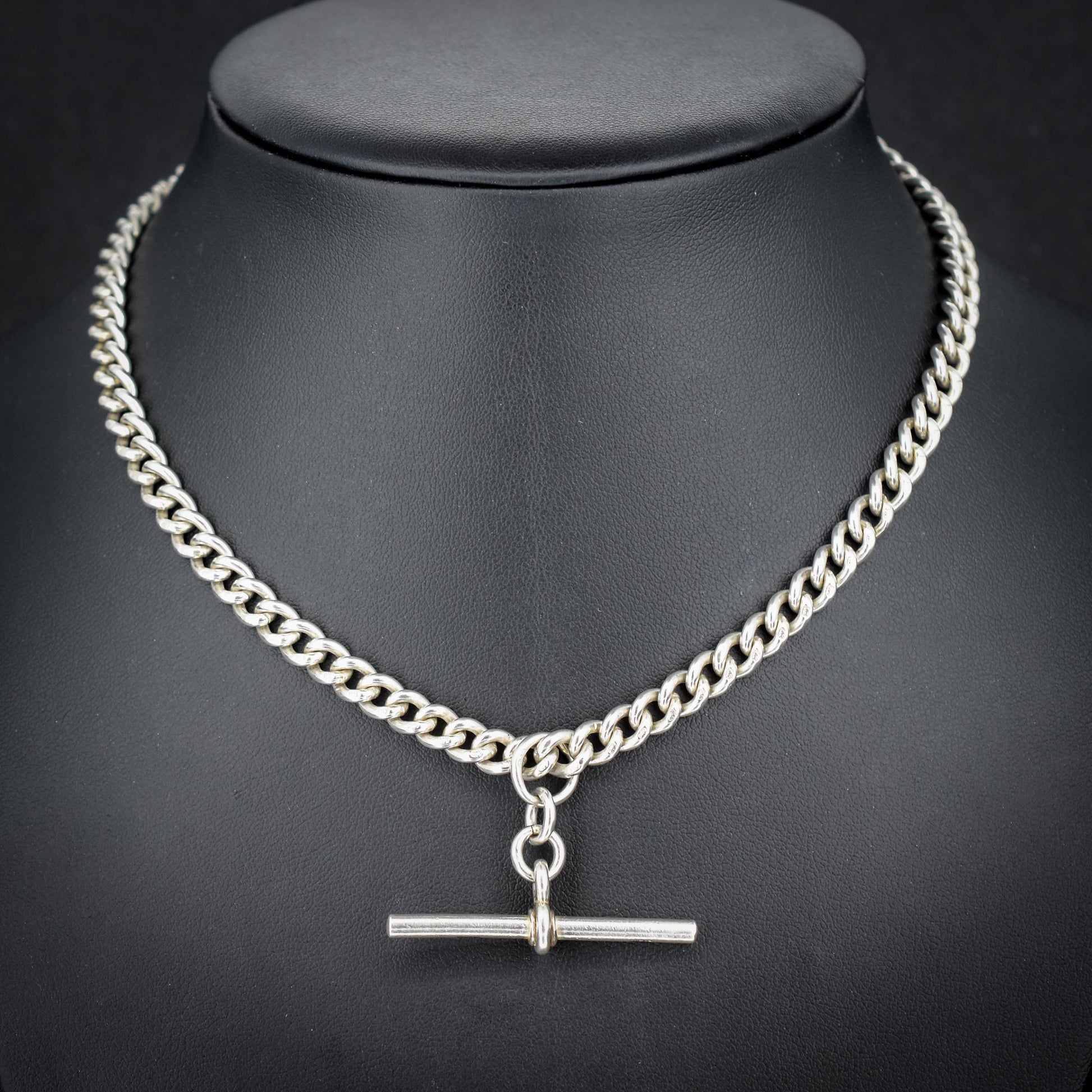 Antique Sterling Silver Curb Link Albert Watch Chain Necklace with Sliding T-Bar and Dog Clips – 15"