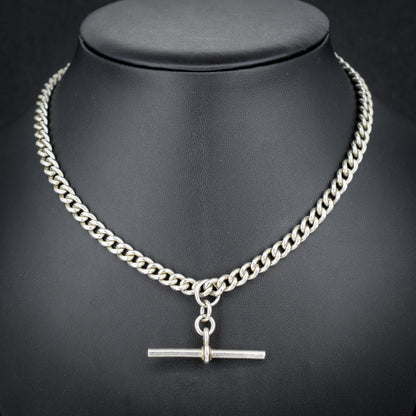 Antique Sterling Silver Curb Link Albert Watch Chain Necklace with Sliding T-Bar and Dog Clips – 15"