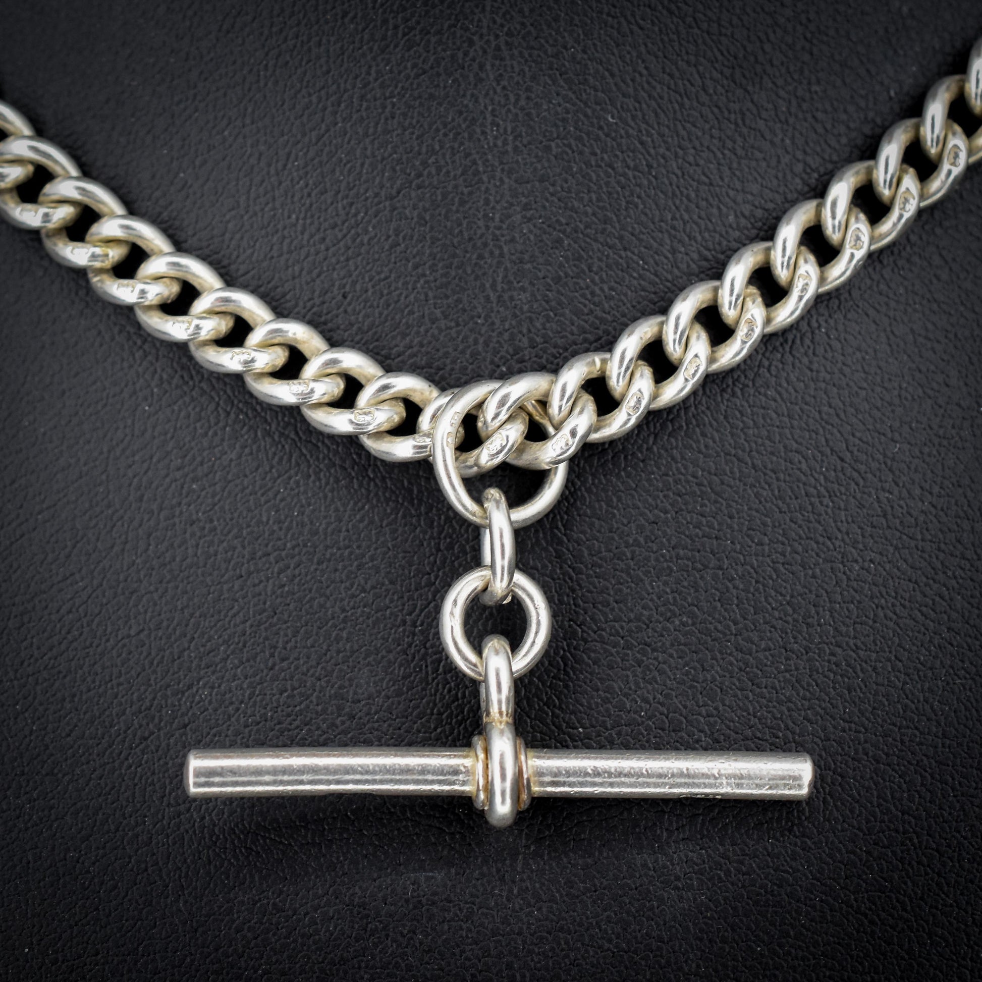 Antique Sterling Silver Curb Link Albert Watch Chain Necklace with Sliding T-Bar and Dog Clips – 15"