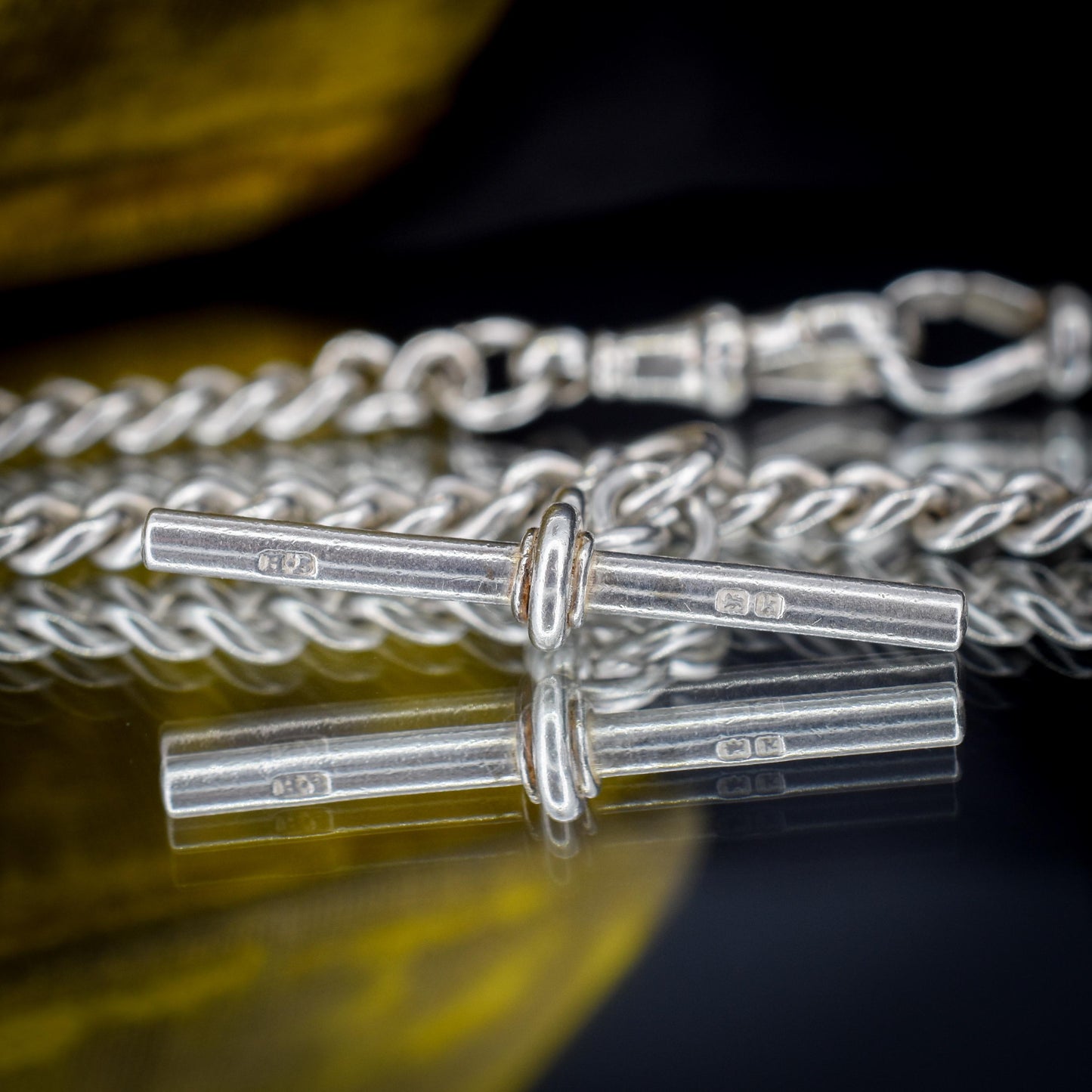 Antique Sterling Silver Curb Link Albert Watch Chain Necklace with Sliding T-Bar and Dog Clips – 15"