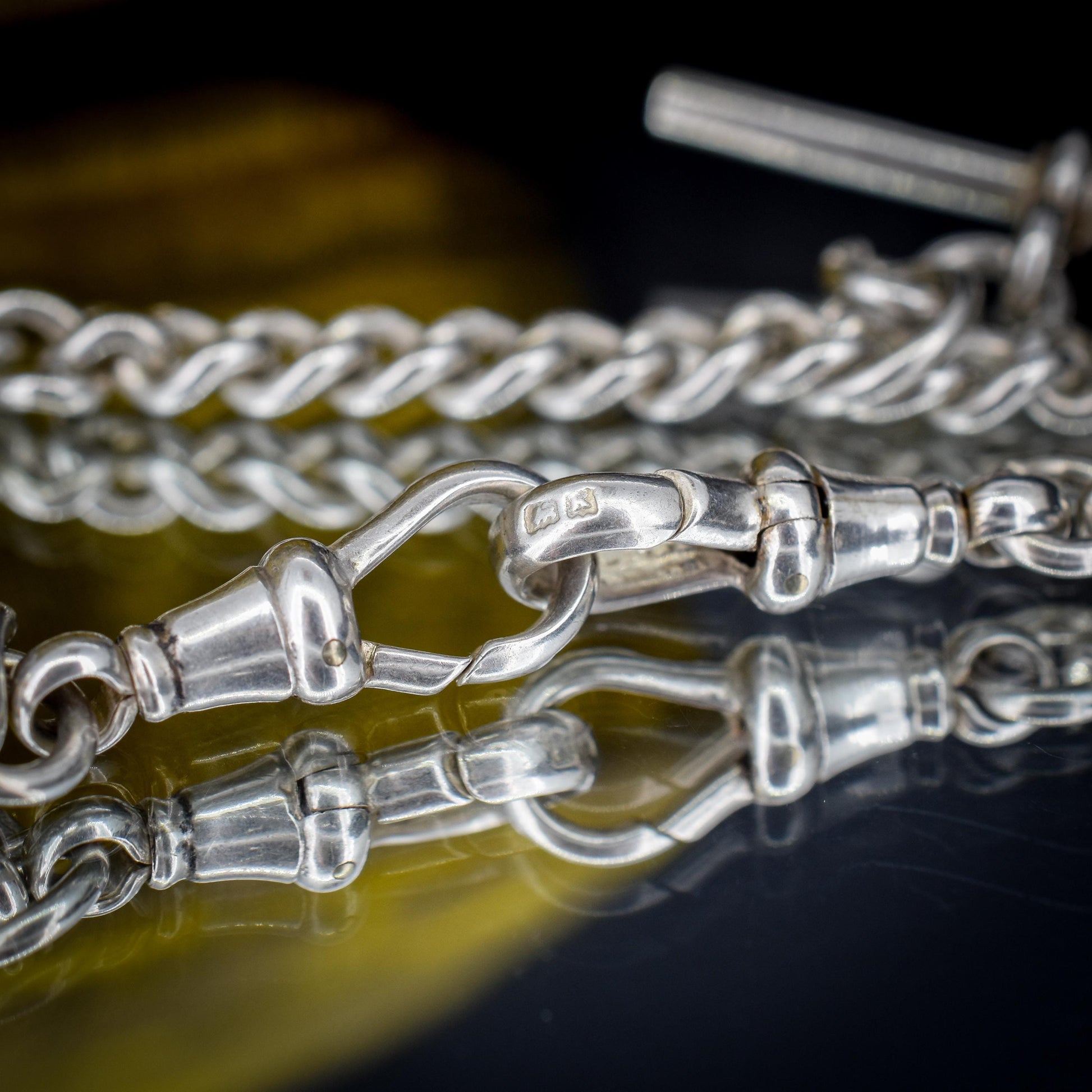 Antique Sterling Silver Curb Link Albert Watch Chain Necklace with Sliding T-Bar and Dog Clips – 15"