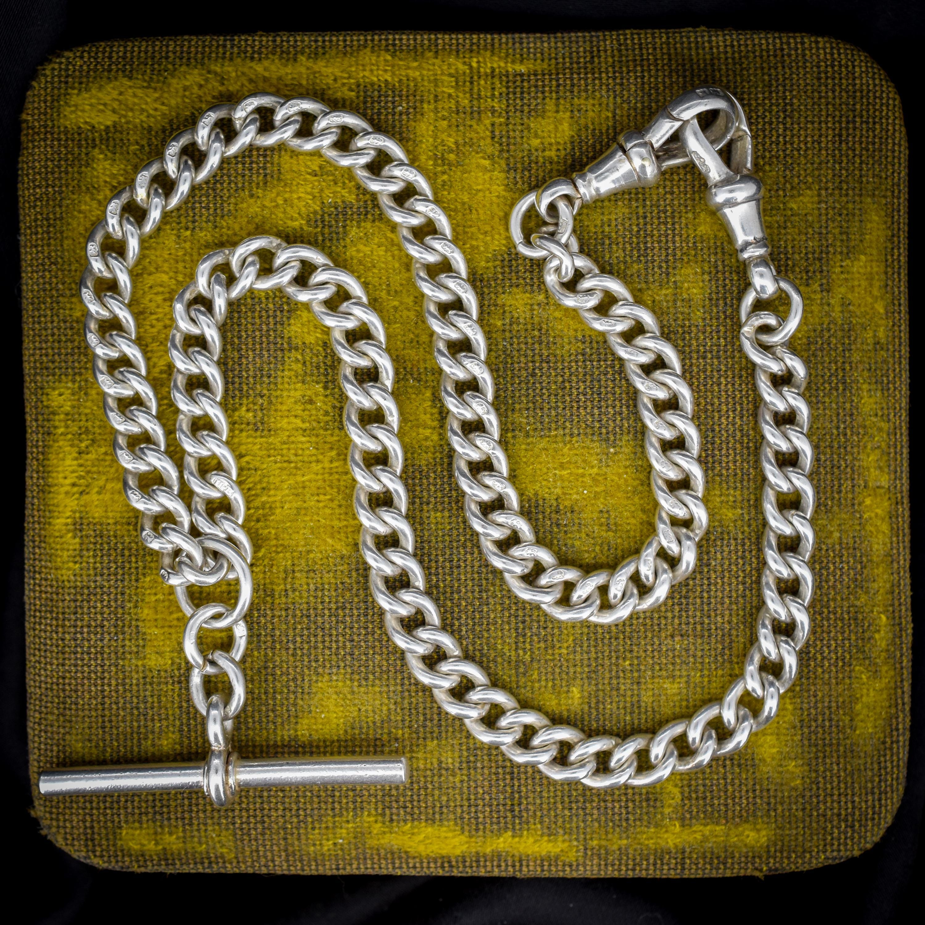 Antique Sterling Silver Curb Link Albert Watch Chain Necklace with