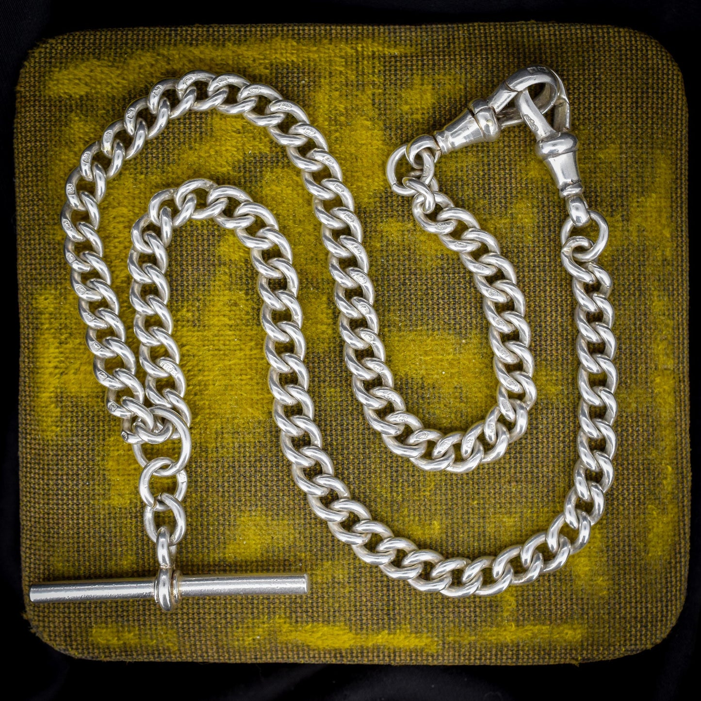 Antique Sterling Silver Curb Link Albert Watch Chain Necklace with Sliding T-Bar and Dog Clips – 15"