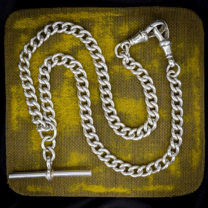Antique Sterling Silver Curb Link Albert Watch Chain Necklace with Sliding T-Bar and Dog Clips – 15"