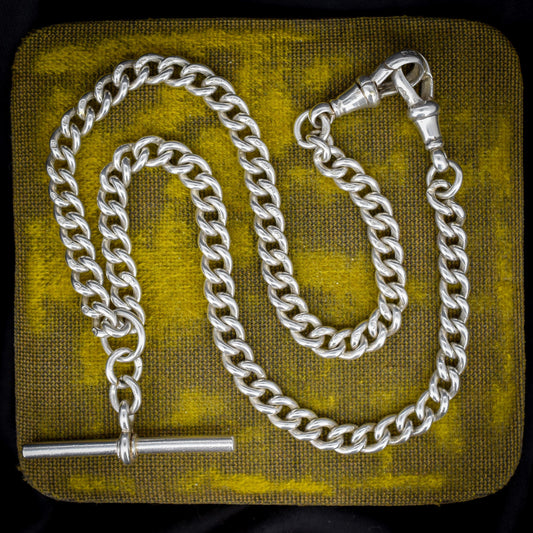 Antique Sterling Silver Curb Link Albert Watch Chain Necklace with Sliding T-Bar and Dog Clips – 15"