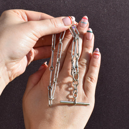 Antique Sterling Silver Trombone Watch Chain with Dog Clips and T Bar | 15.5"