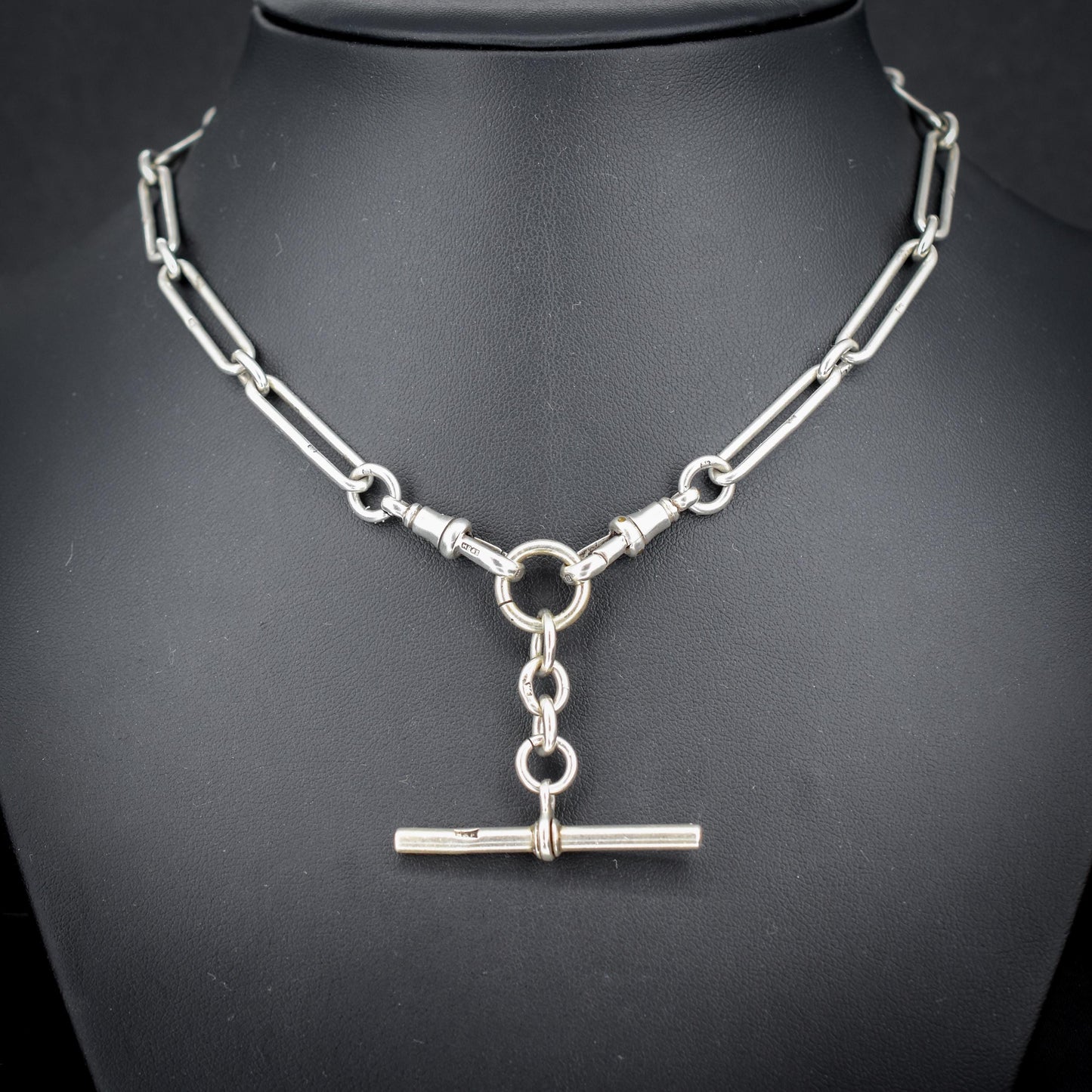 Antique Sterling Silver Trombone Watch Chain with Dog Clips and T Bar | 15.5"