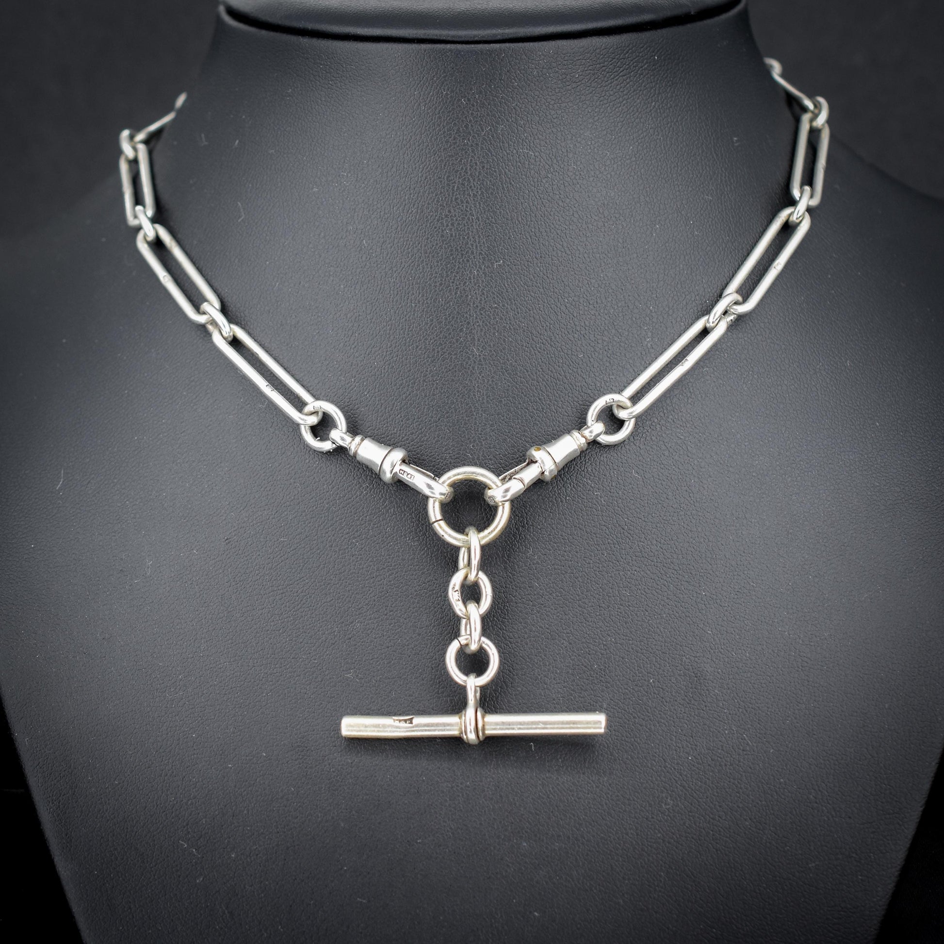 Antique Sterling Silver Trombone Watch Chain with Dog Clips and T Bar | 15.5"