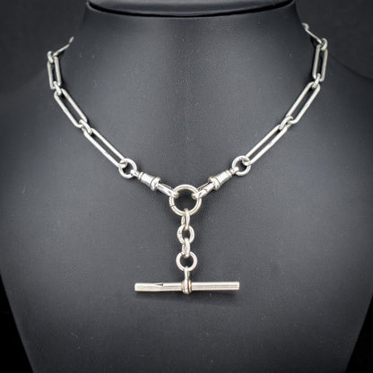 Antique Sterling Silver Trombone Watch Chain with Dog Clips and T Bar | 15.5"