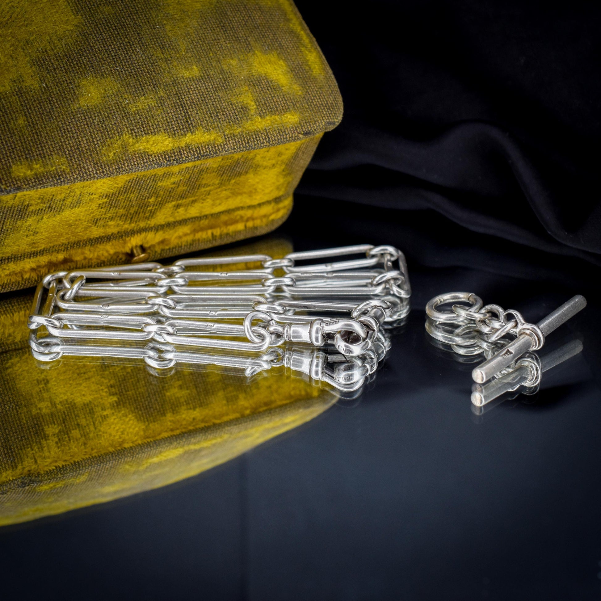 Antique Sterling Silver Trombone Watch Chain with Dog Clips and T Bar | 15.5"