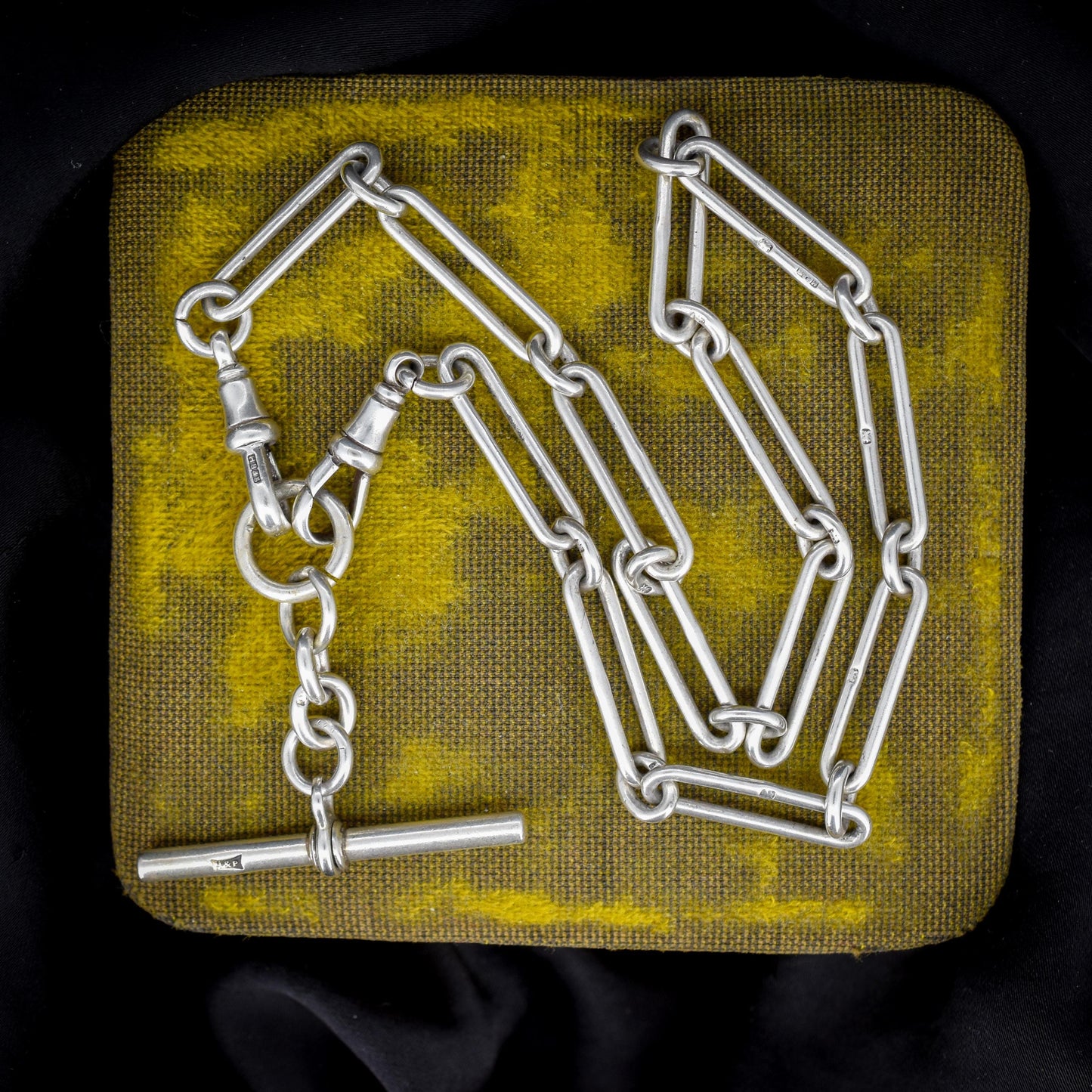 Antique Sterling Silver Trombone Watch Chain with Dog Clips and T Bar | 15.5"