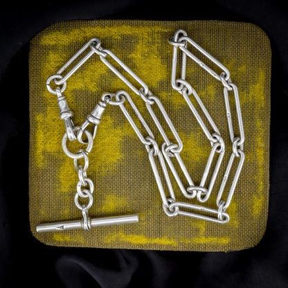 Antique Sterling Silver Trombone Watch Chain with Dog Clips and T Bar | 15.5"