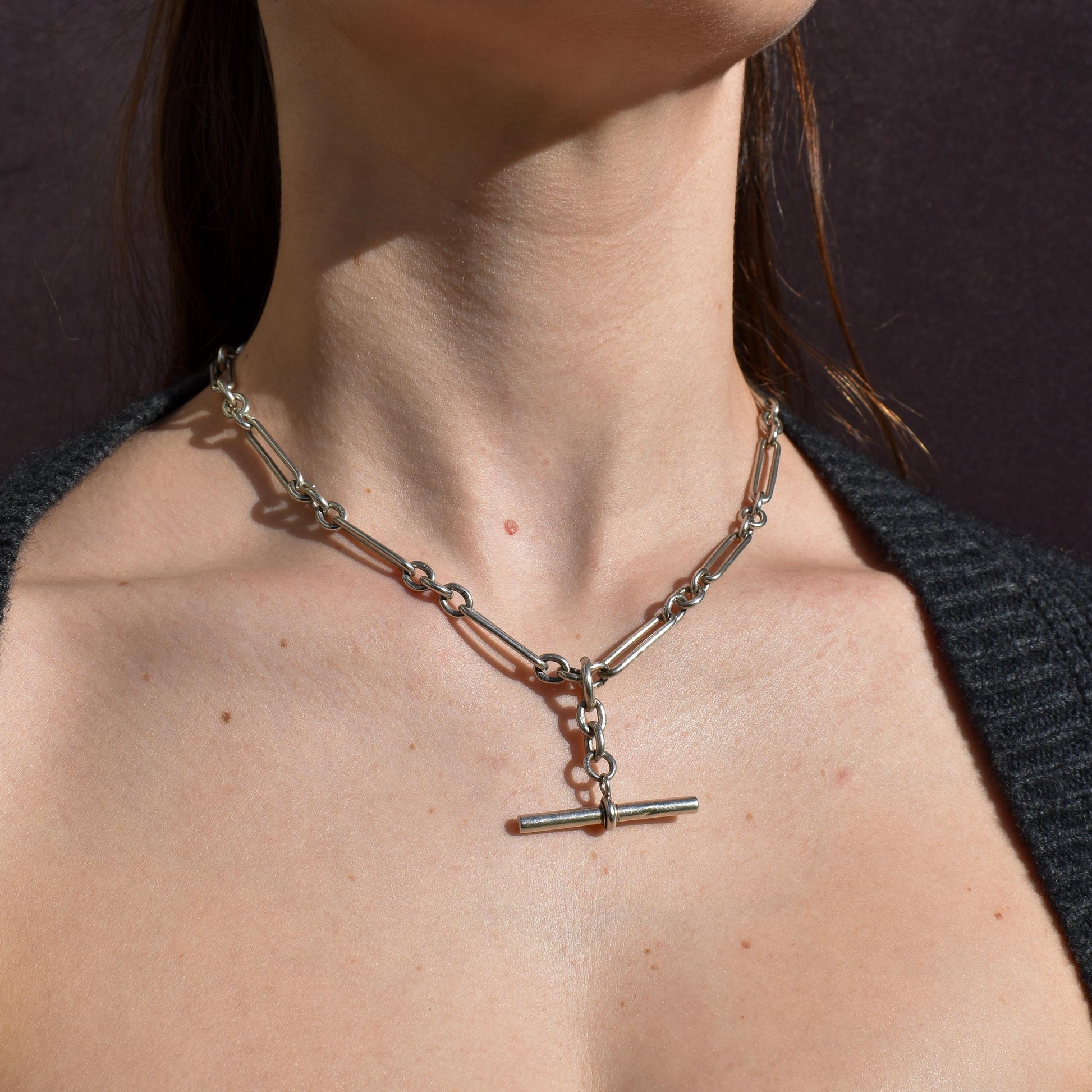 Antique Sterling Silver Trombone Watch Chain with Dog Clips and T Bar | 16.5"