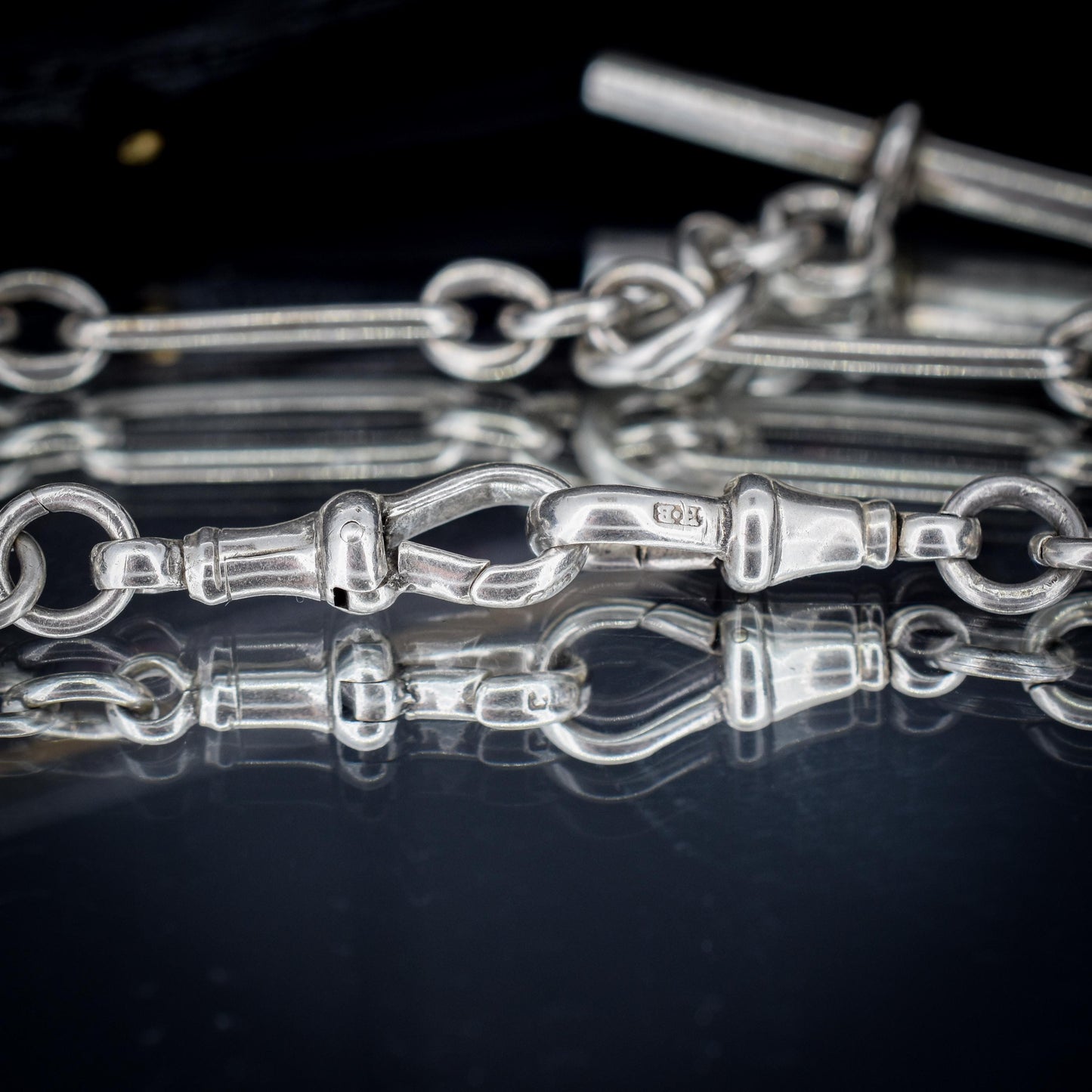 Antique Sterling Silver Trombone Watch Chain with Dog Clips and T Bar | 16.5"