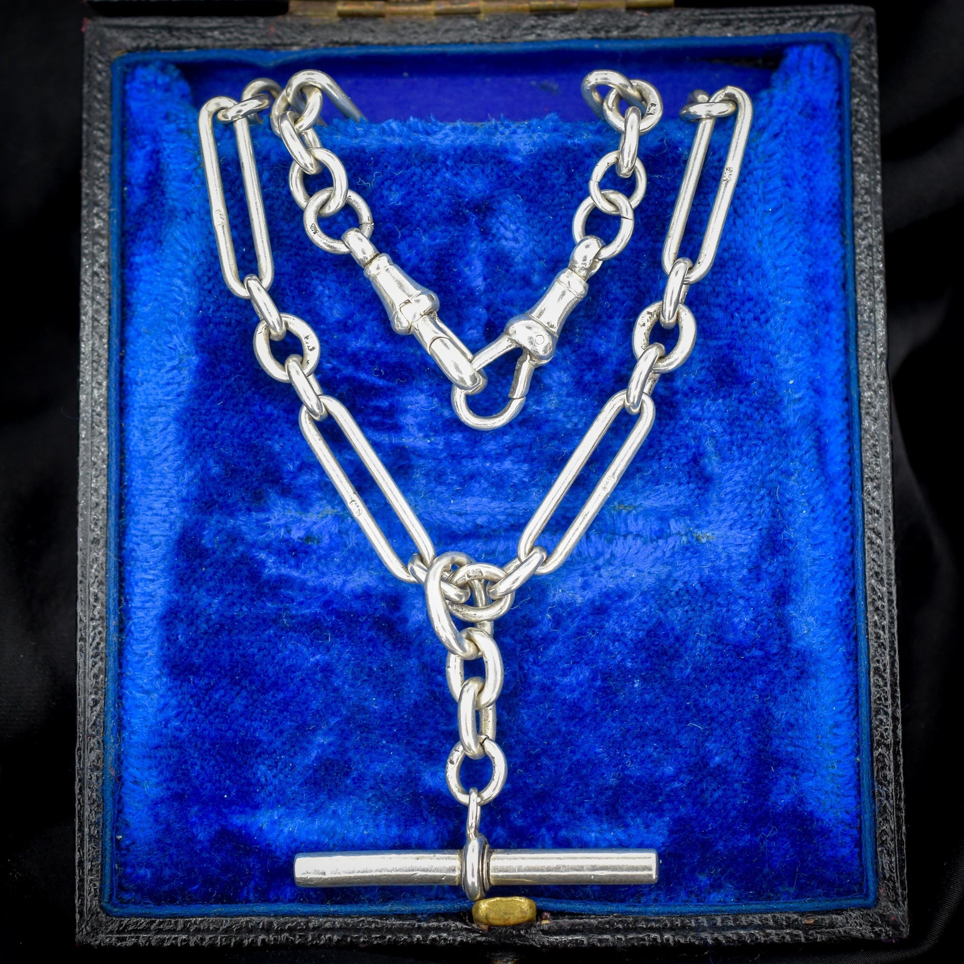 Antique Sterling Silver Trombone Watch Chain with Dog Clips and T Bar | 16.5"