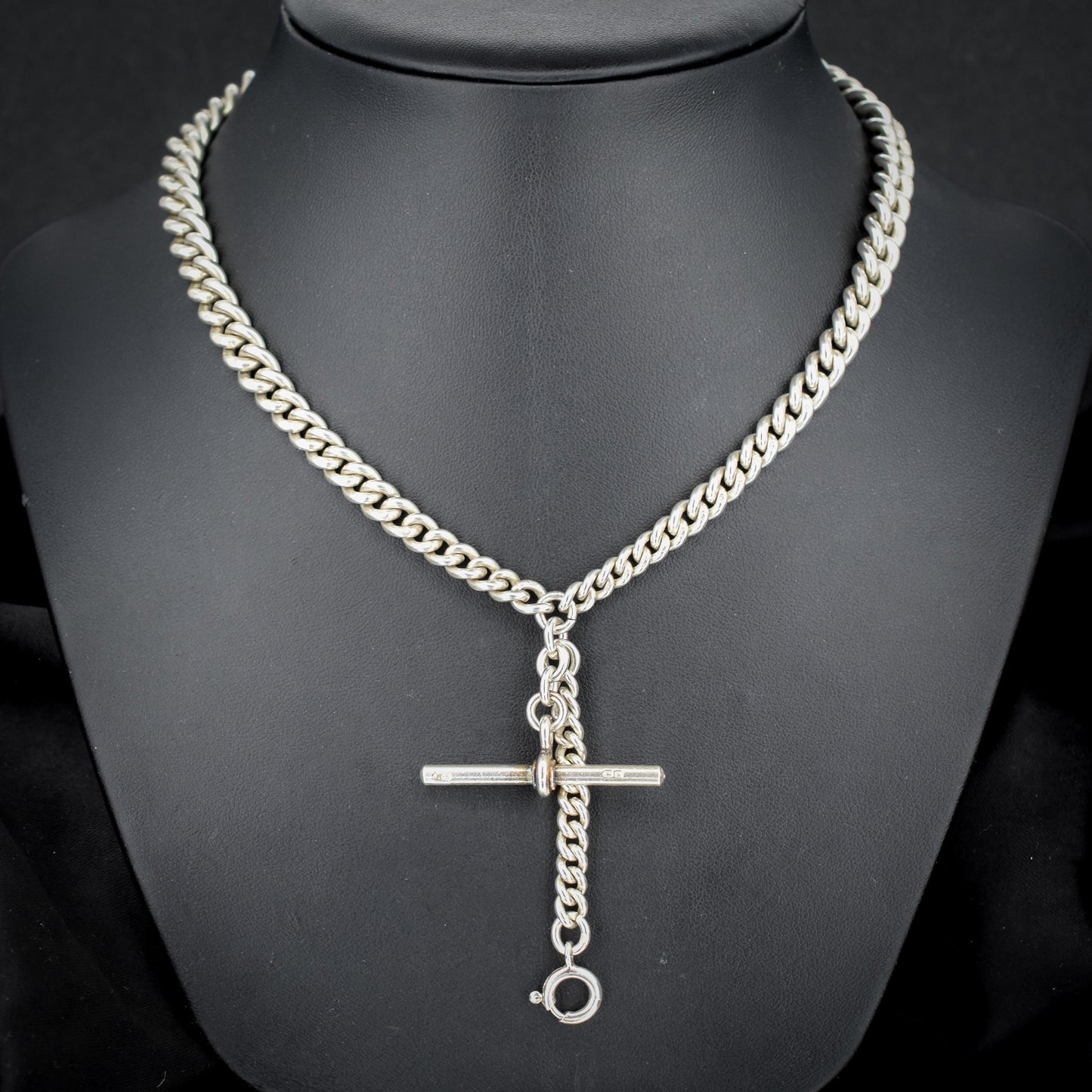 Antique 22.5" Sterling Silver Curb Link Chain Necklace with Double Dog Clips