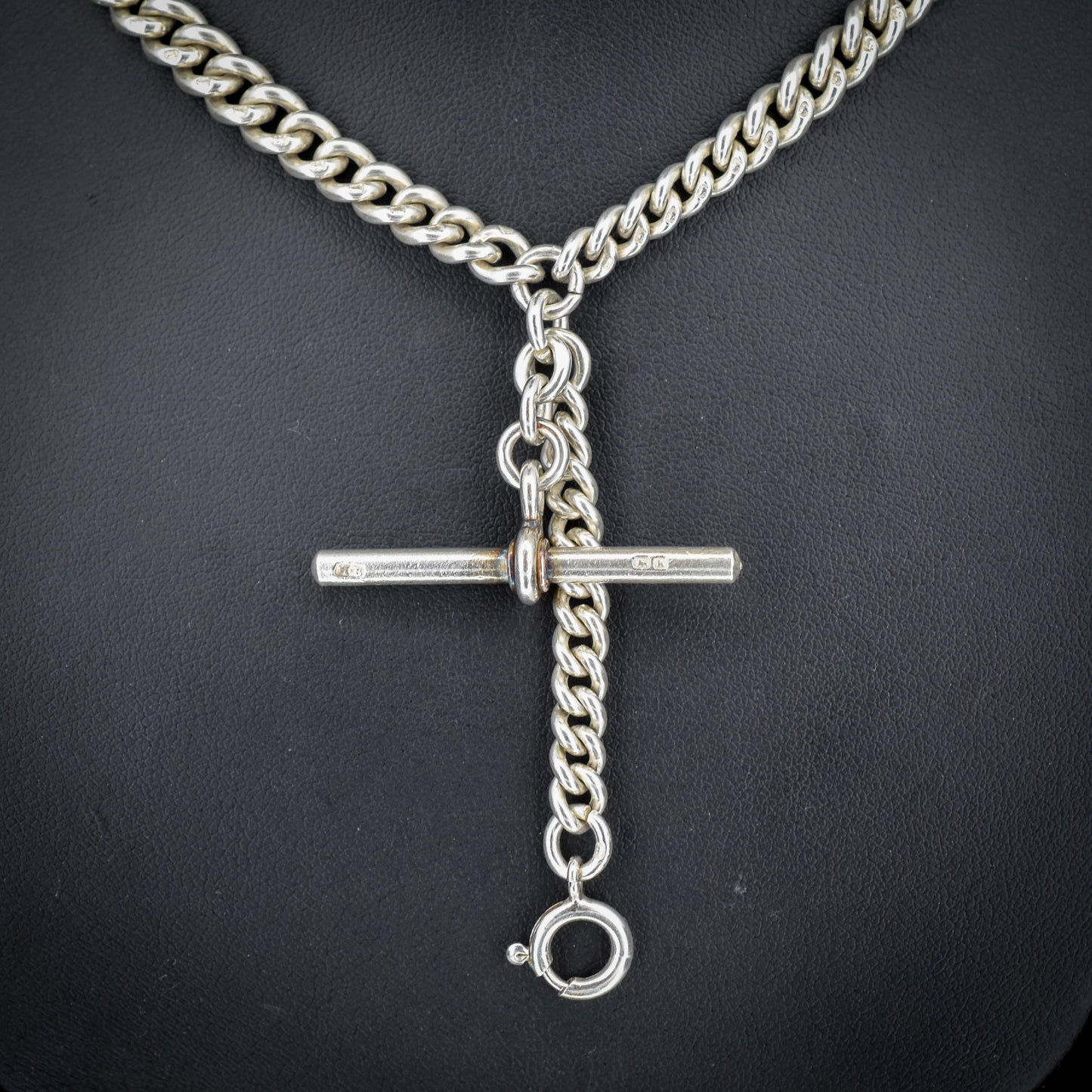 Antique 22.5" Sterling Silver Curb Link Chain Necklace with Double Dog Clips