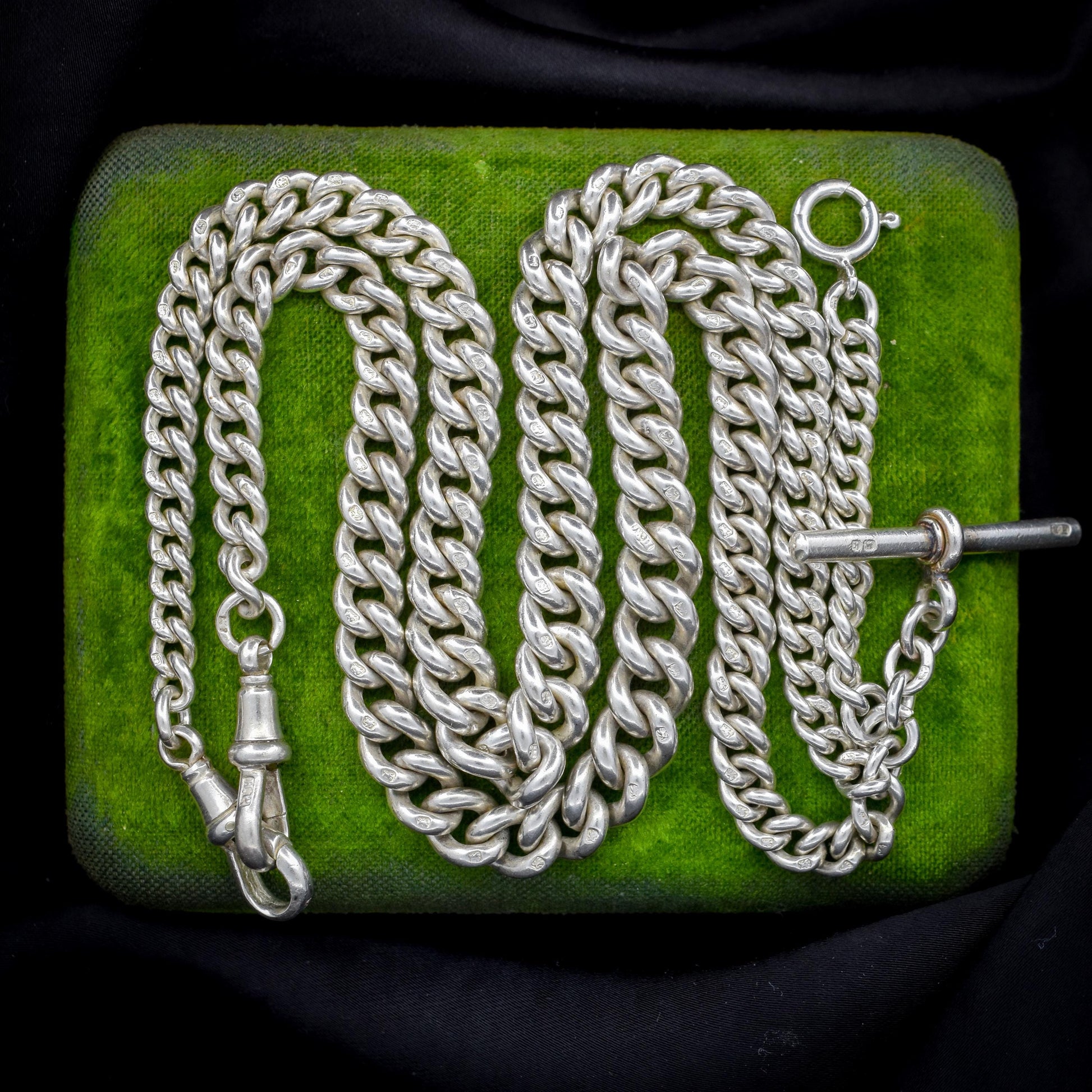 Antique 22.5" Sterling Silver Curb Link Chain Necklace with Double Dog Clips