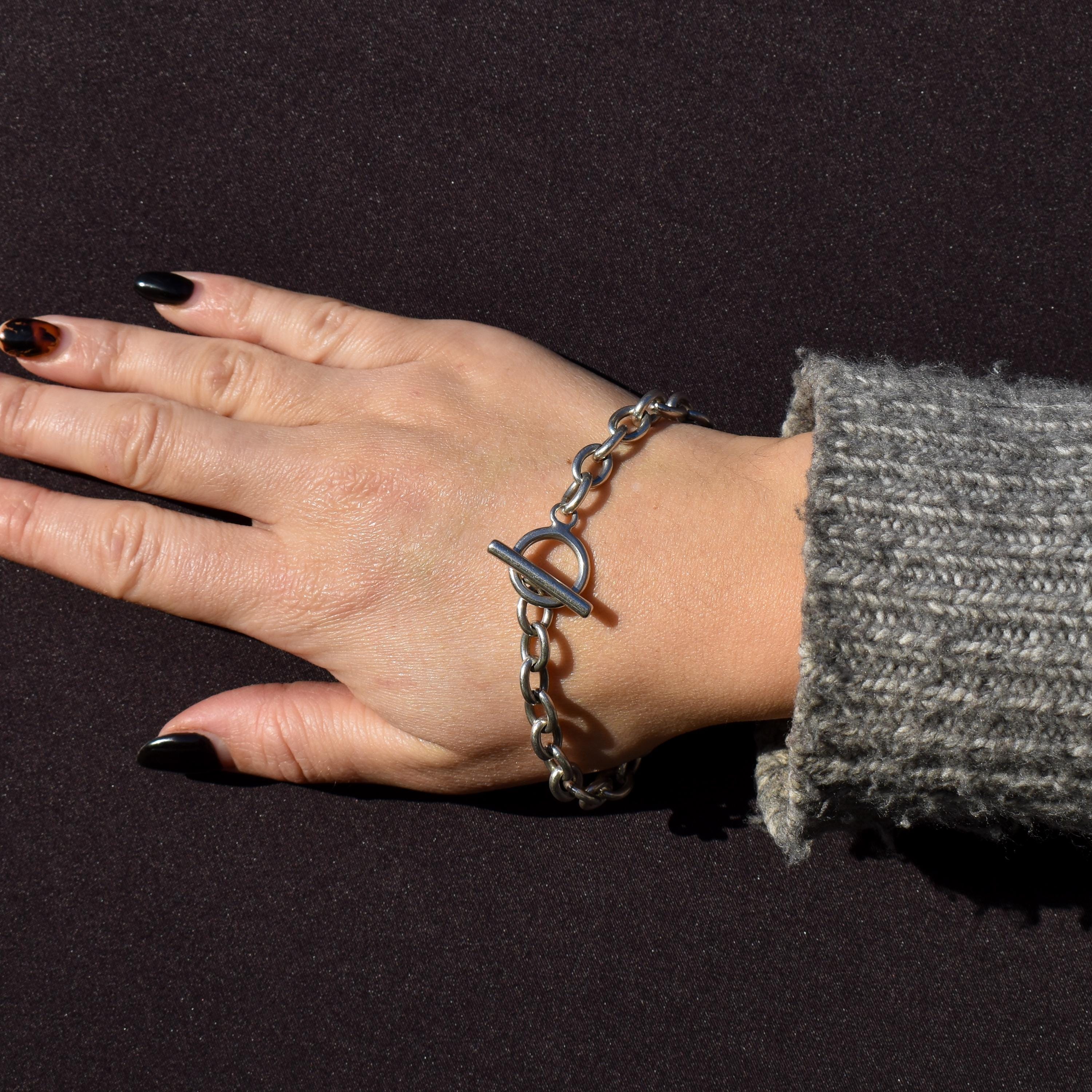 Vintage Silver Oval Cable Link Toggle T-Bar Chain Bracelet 8